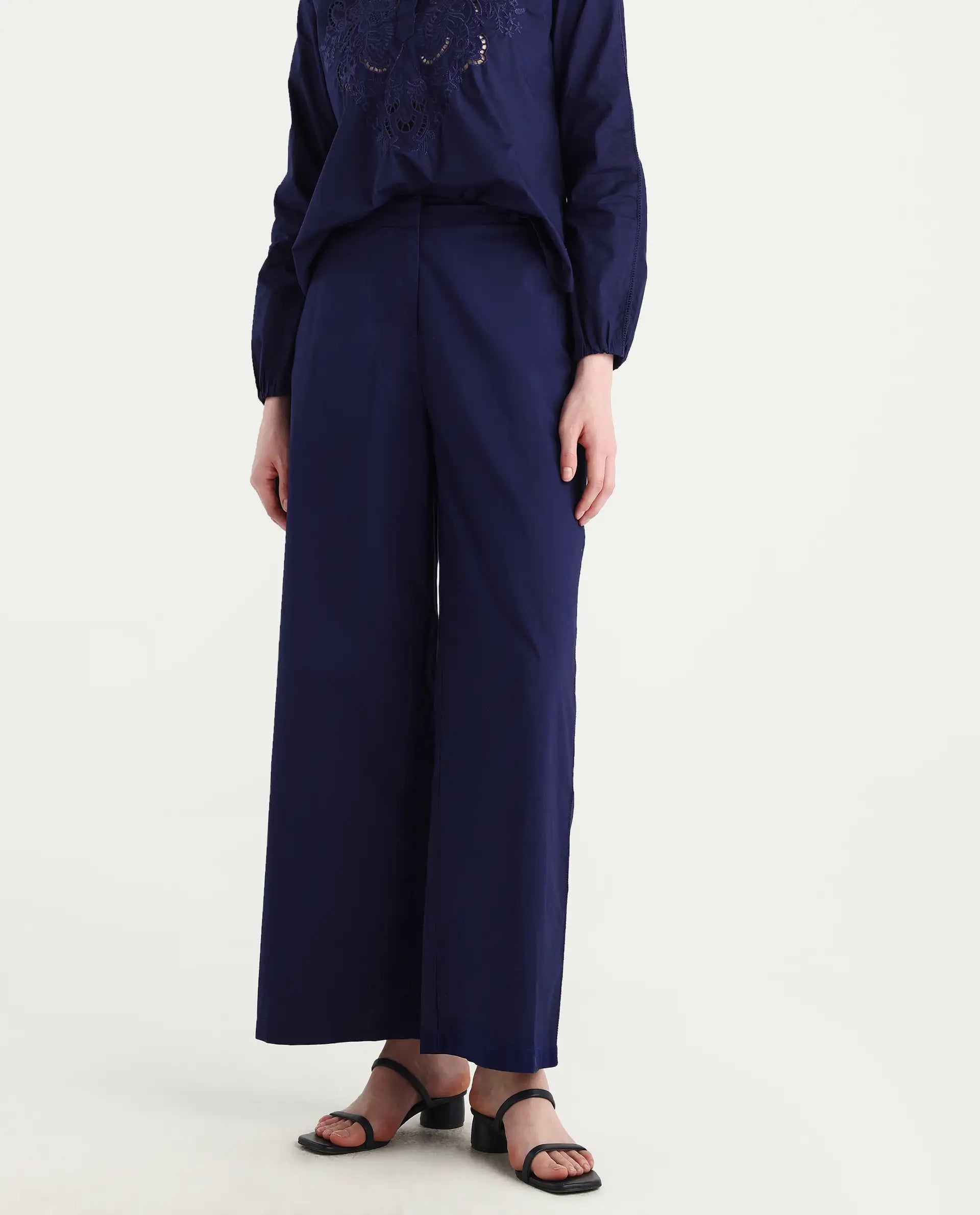 Rareism Women's Nucut-B Navy 100% Cotton Straight Fit Trouser