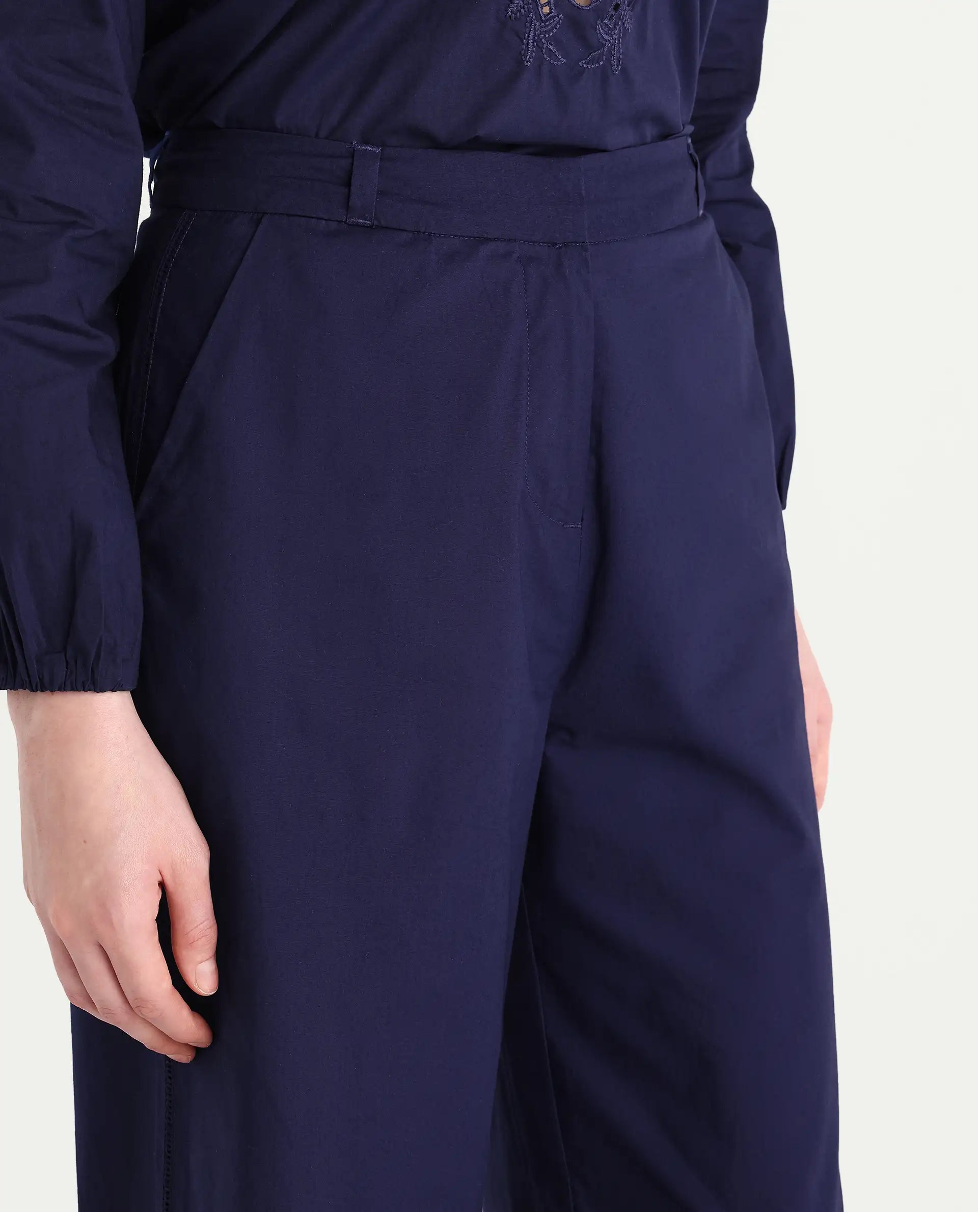 Rareism Women's Nucut-B Navy 100% Cotton Straight Fit Trouser