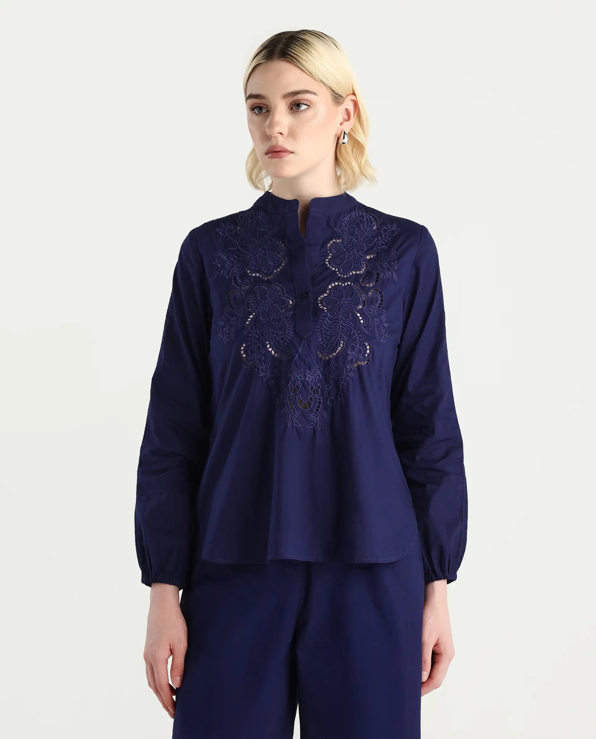 Rareism Women's Nucut-T Navy Cotton Bishop Sleeve Mandarin Collar Regular Fit Plain Top