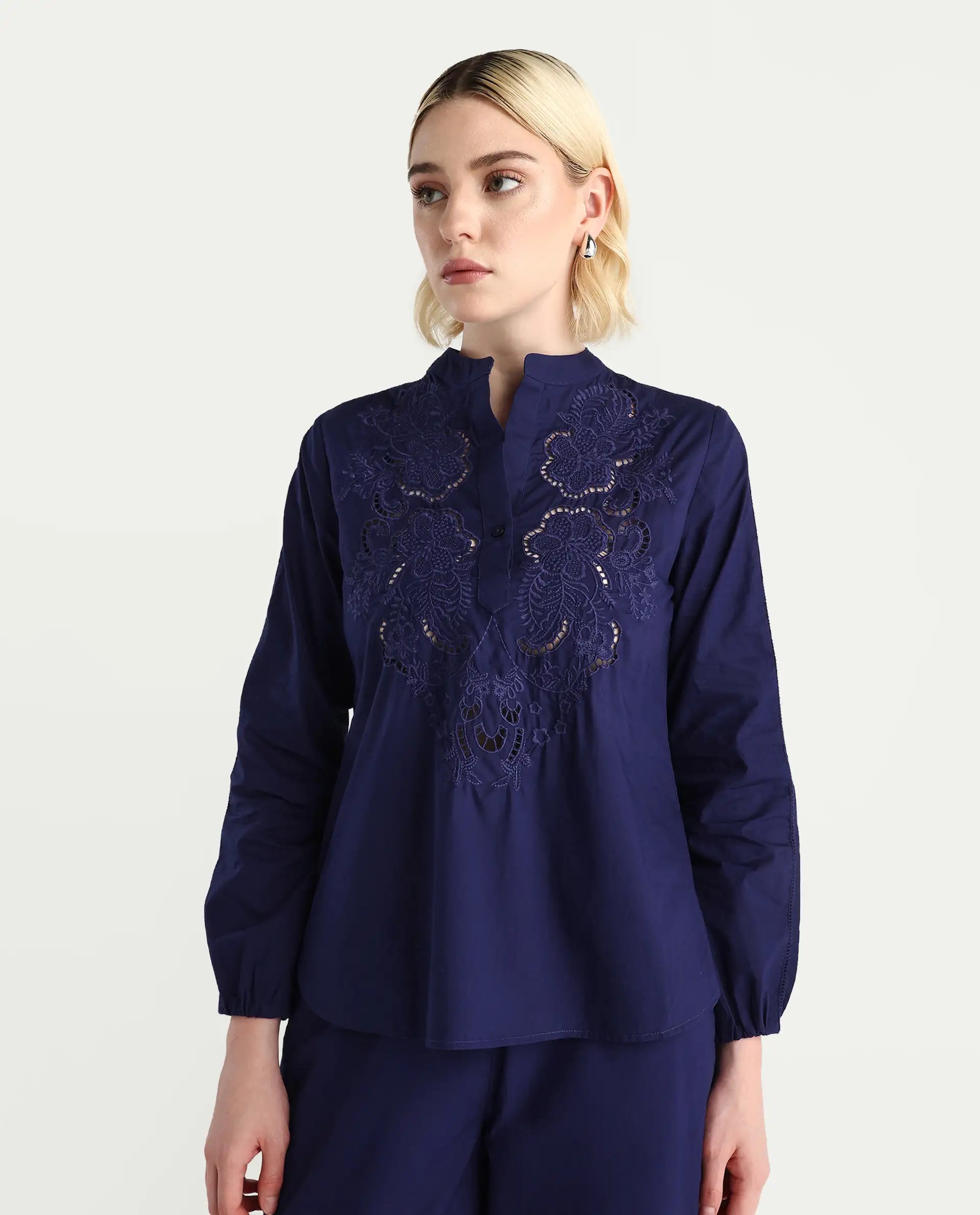 Rareism Women's Nucut-T Navy Cotton Bishop Sleeve Mandarin Collar Regular Fit Plain Top