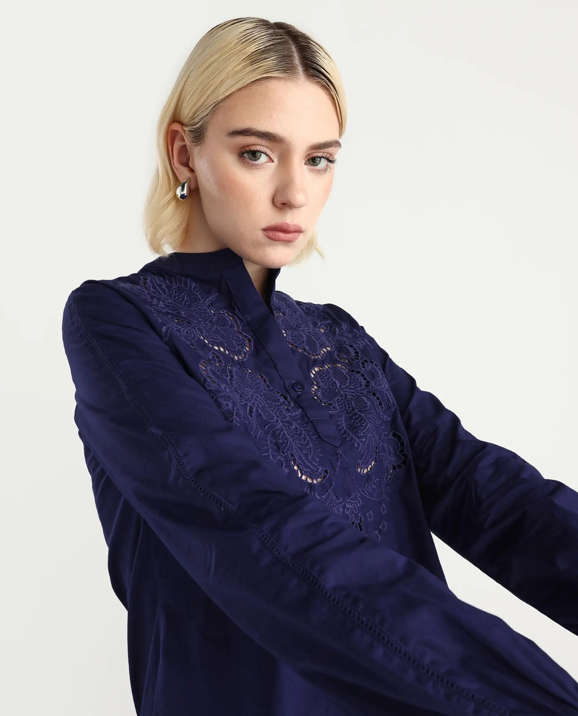 Rareism Women's Nucut-T Navy Cotton Bishop Sleeve Mandarin Collar Regular Fit Plain Top