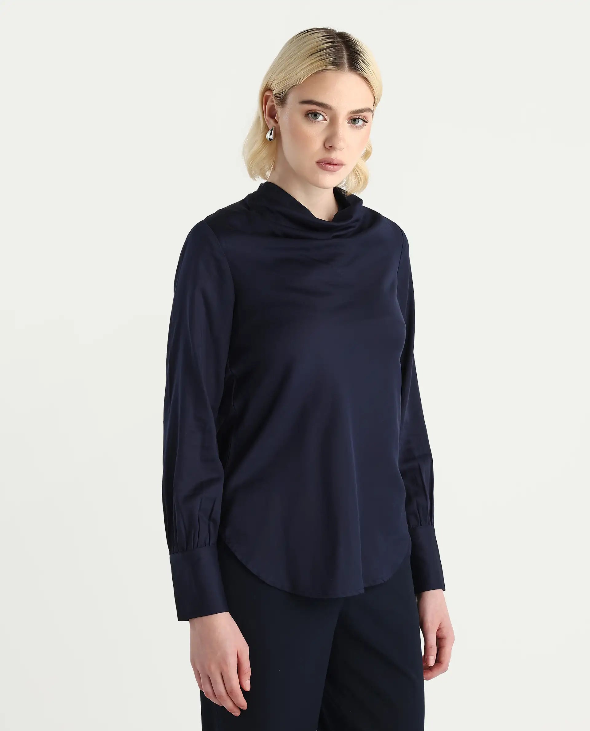 Rareism Women's Nujuno Navy Cotton Blend Bishop Sleeve Cowl Neck Regular Fit Plain Top