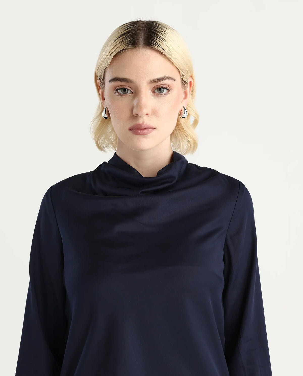 Rareism Women's Nujuno Navy Cotton Blend Bishop Sleeve Cowl Neck Regular Fit Plain Top