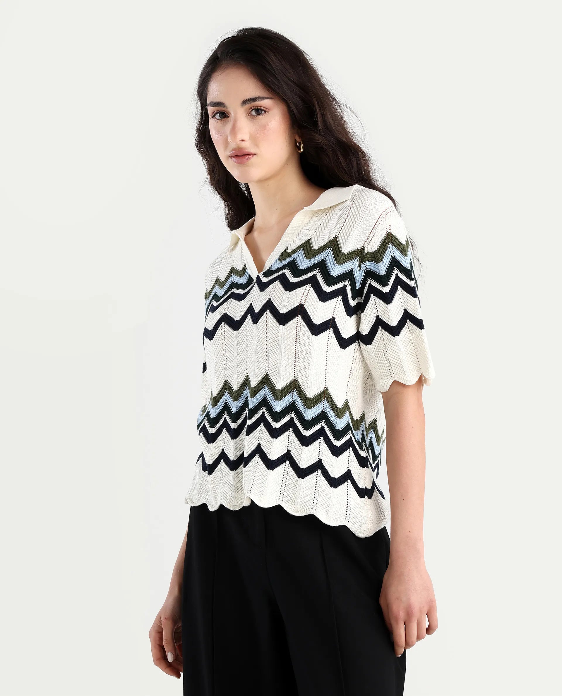 Rareism Women's Nuplo-R Off-White Cotton Full Sleeve Striped Top