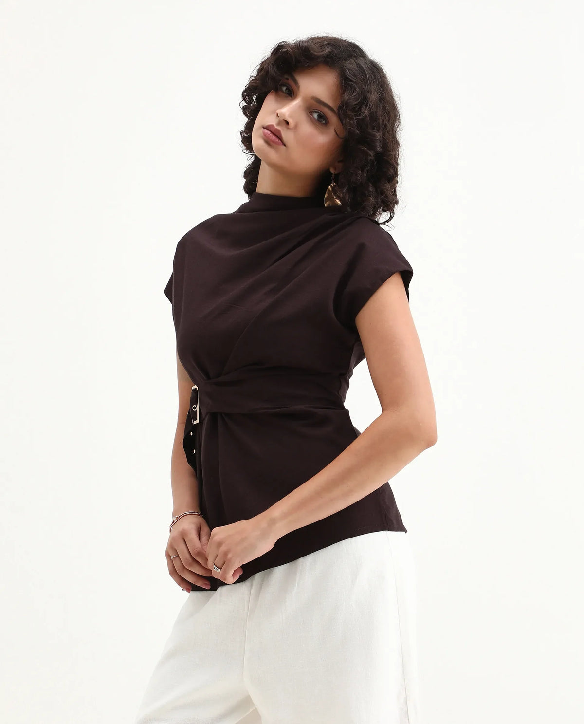 Rareism Women's Nusero Brown Viscose Sleeveless Cowl Neck Regular Fit Plain Top