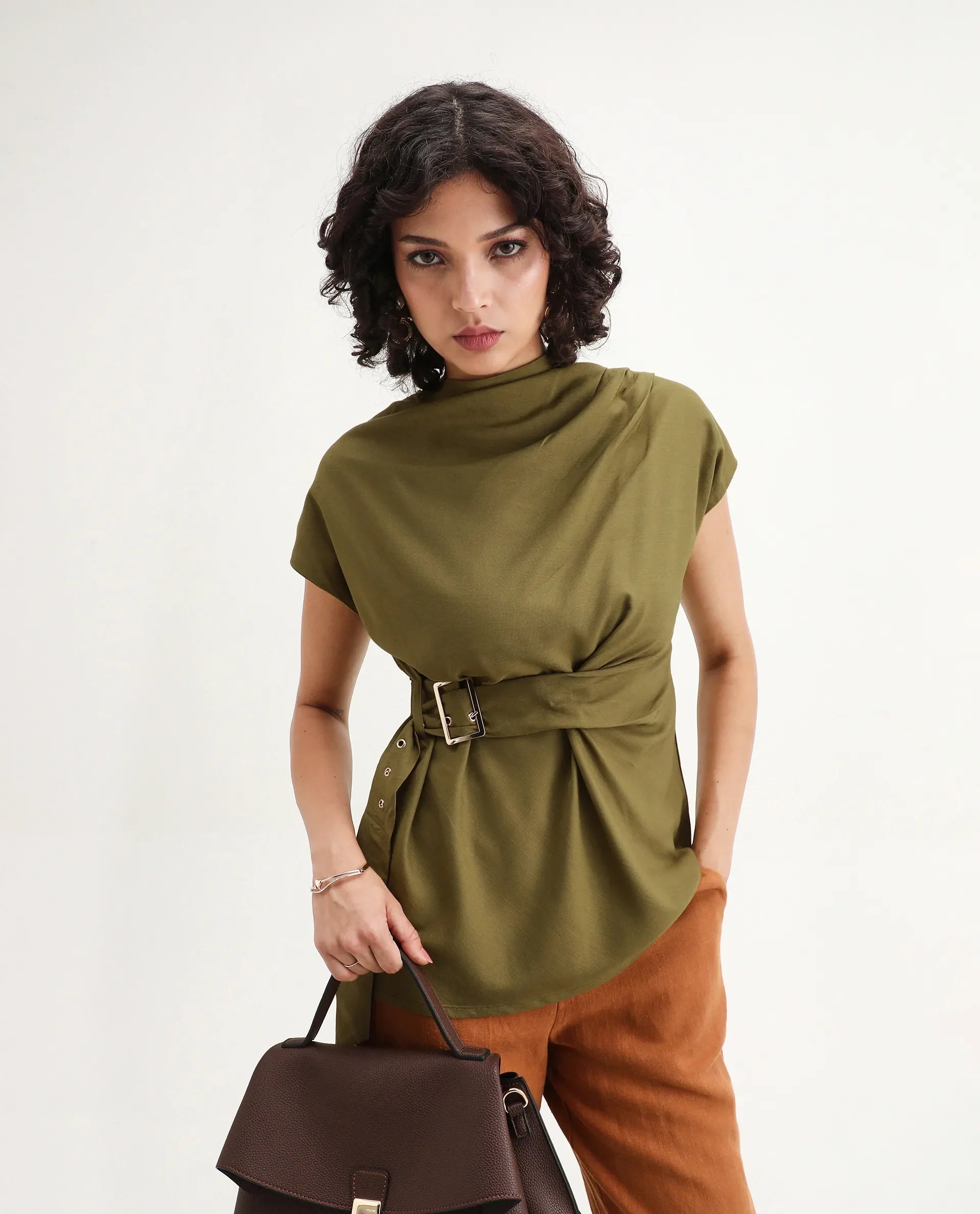 Rareism Women's Nusero Olive Nylon Viscose Cowl Neck Regular Fit Plain Top