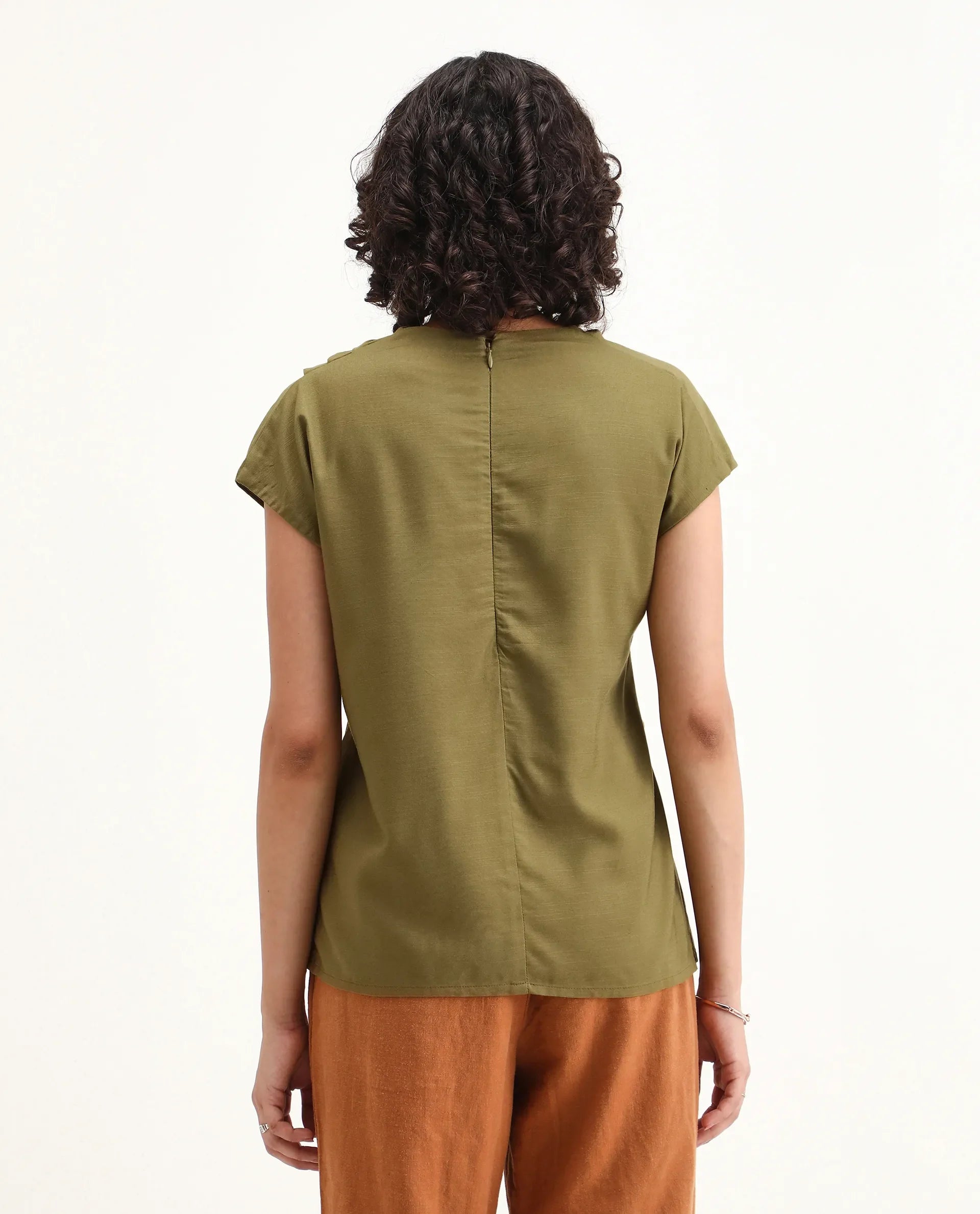 Rareism Women's Nusero Olive Nylon Viscose Cowl Neck Regular Fit Plain Top