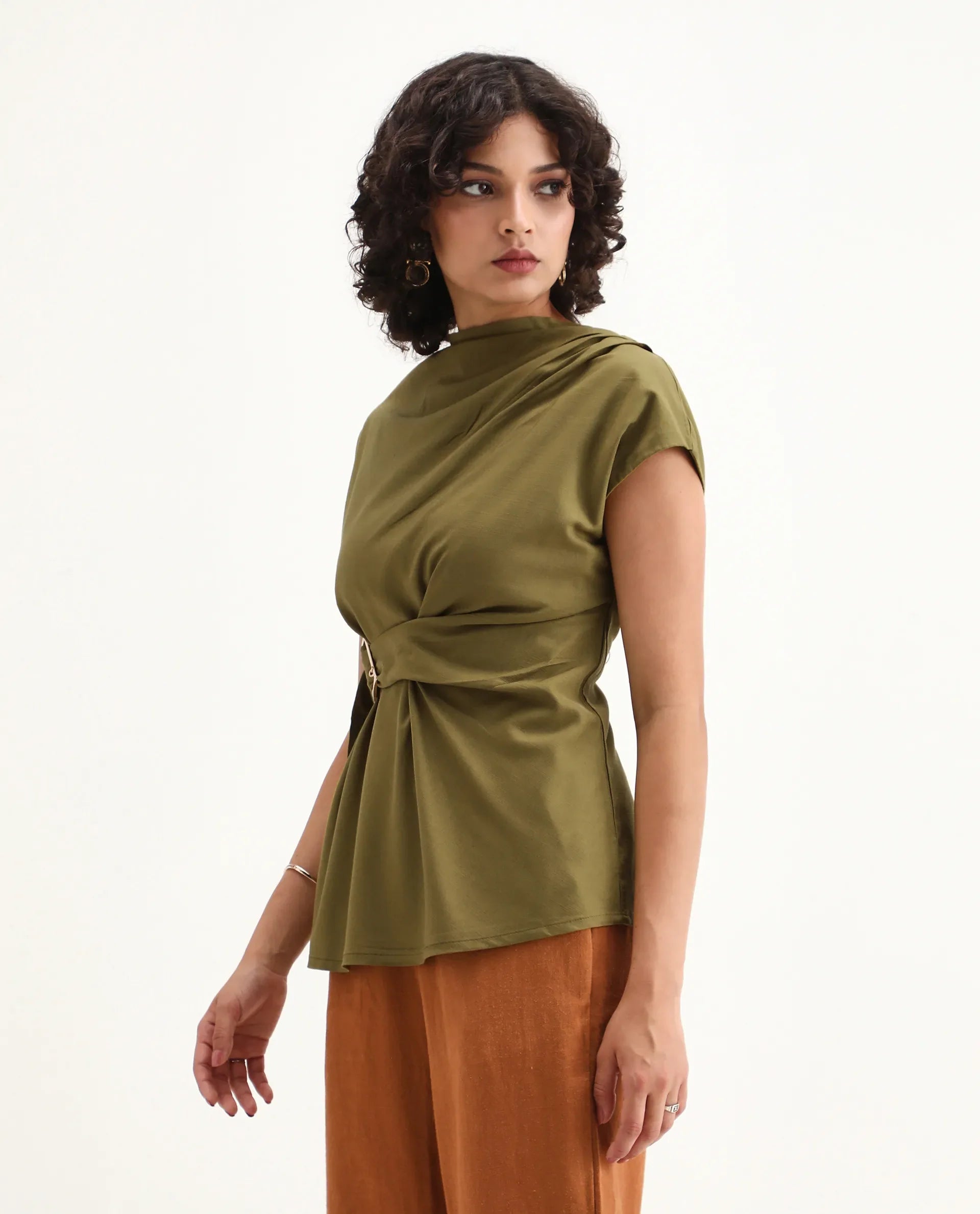 Rareism Women's Nusero Olive Nylon Viscose Cowl Neck Regular Fit Plain Top