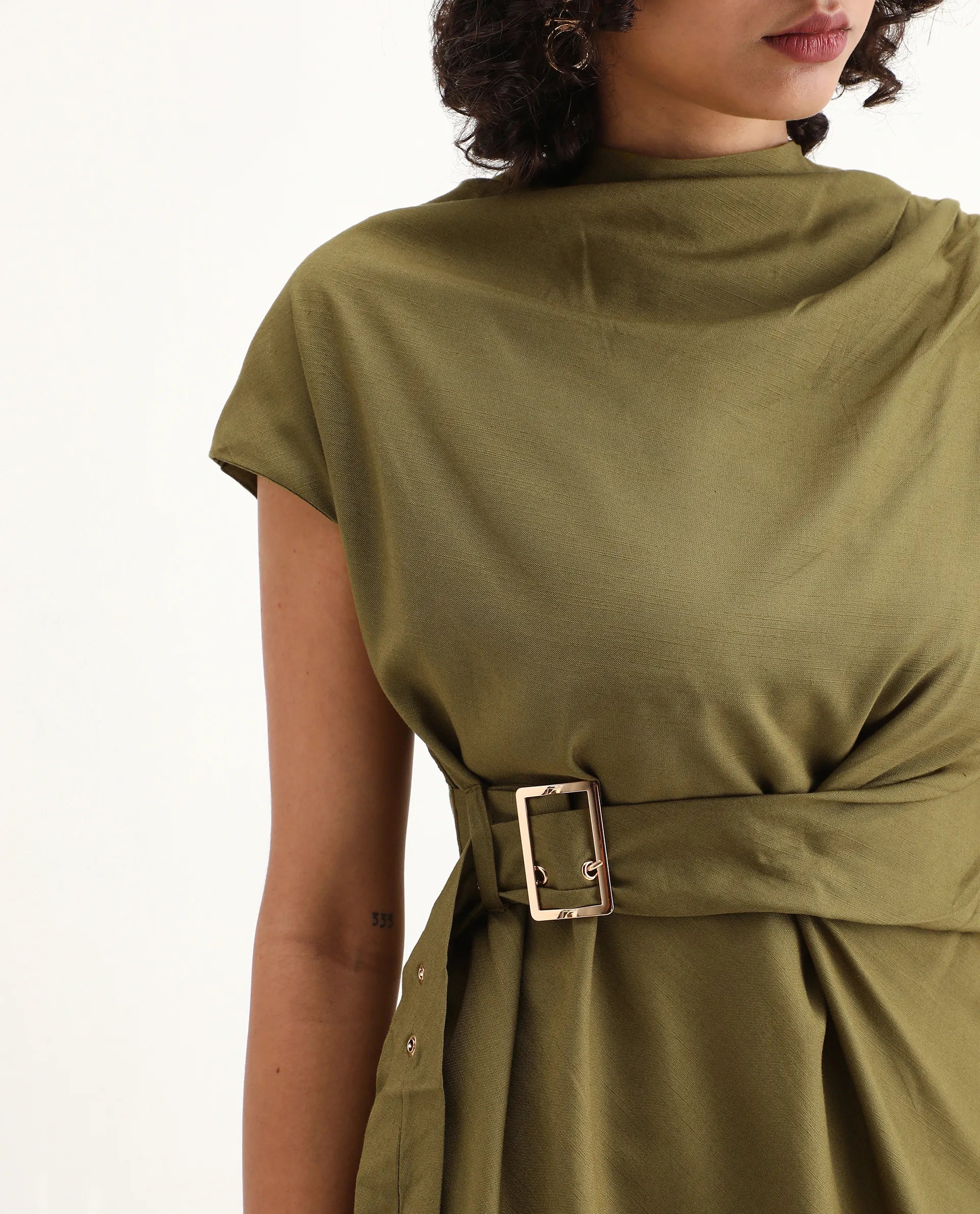 Rareism Women's Nusero Olive Nylon Viscose Cowl Neck Regular Fit Plain Top