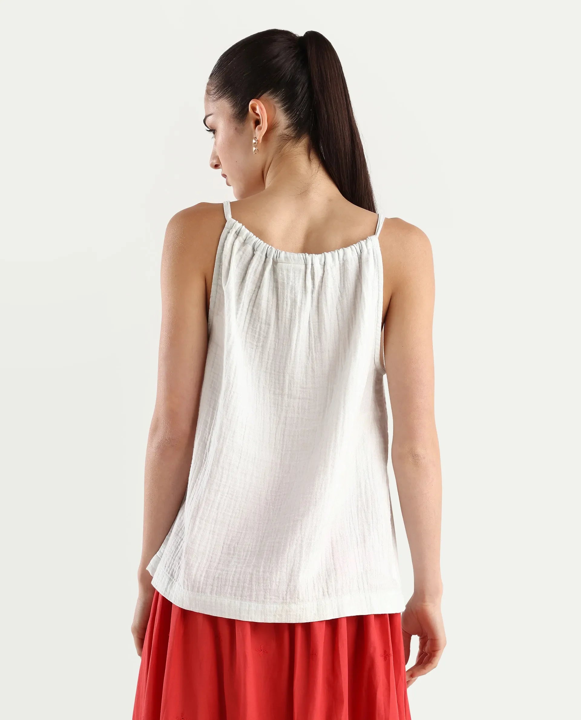 Rareism Women's Oliya Off White Cotton Blend Halter Neck Tropical Print Sleeveless Regular Fit Top