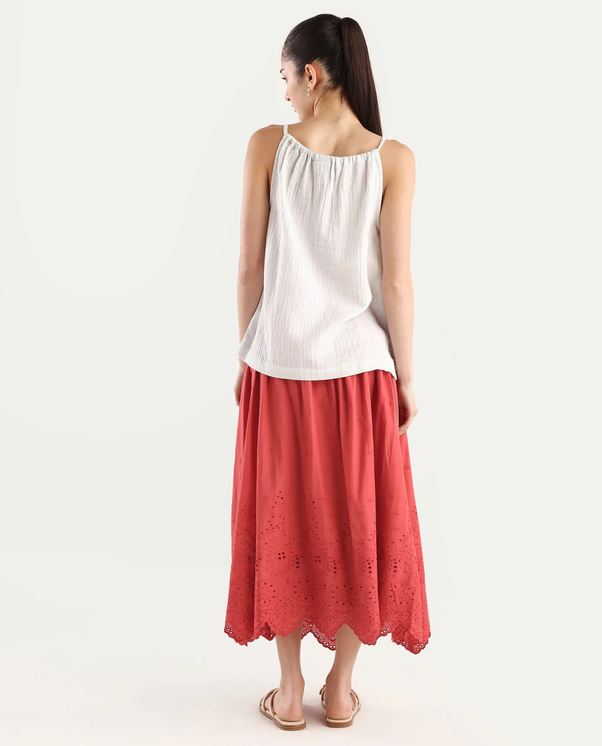 Rareism Women's Oliya Off White Cotton Blend Halter Neck Tropical Print Sleeveless Regular Fit Top