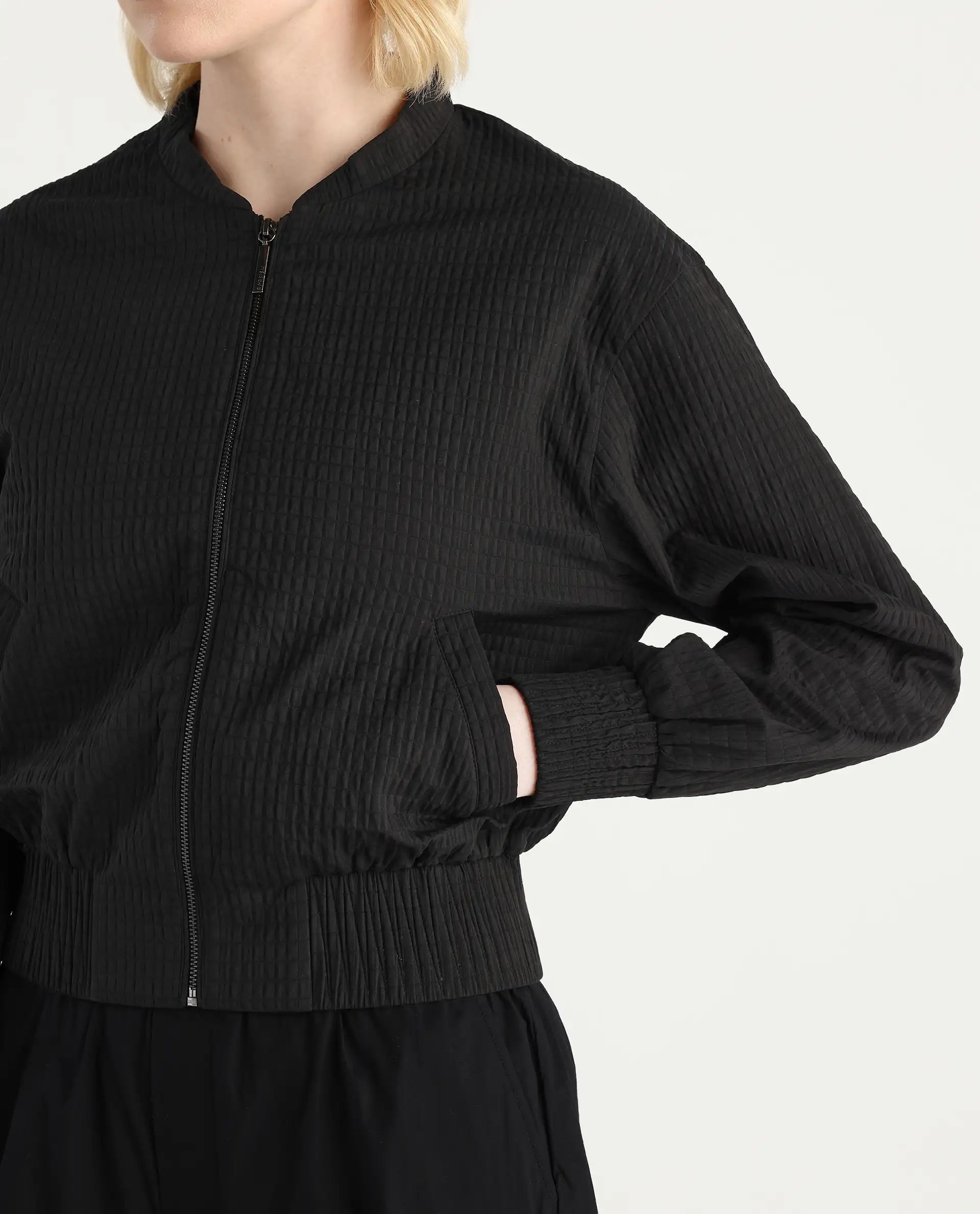 Rareism Women's Omri Black Polyester Mandrin Collar Regular Fit Plain Jacket