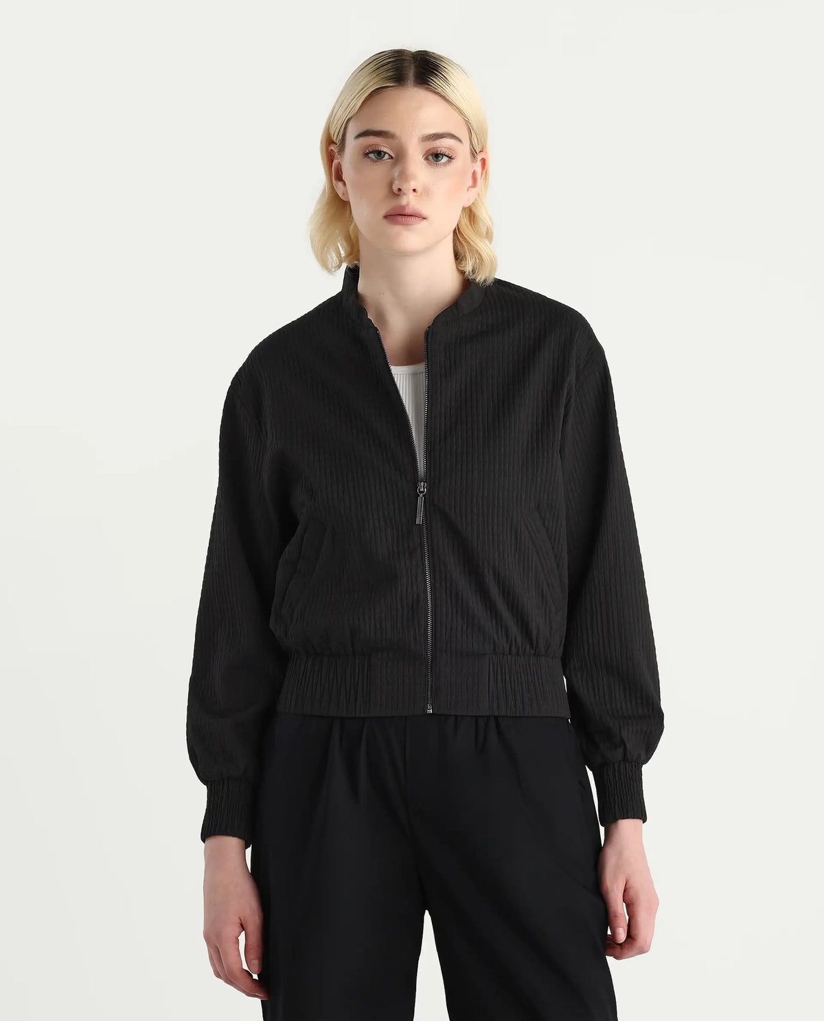 Rareism Women's Omri Black Polyester Mandrin Collar Regular Fit Plain Jacket