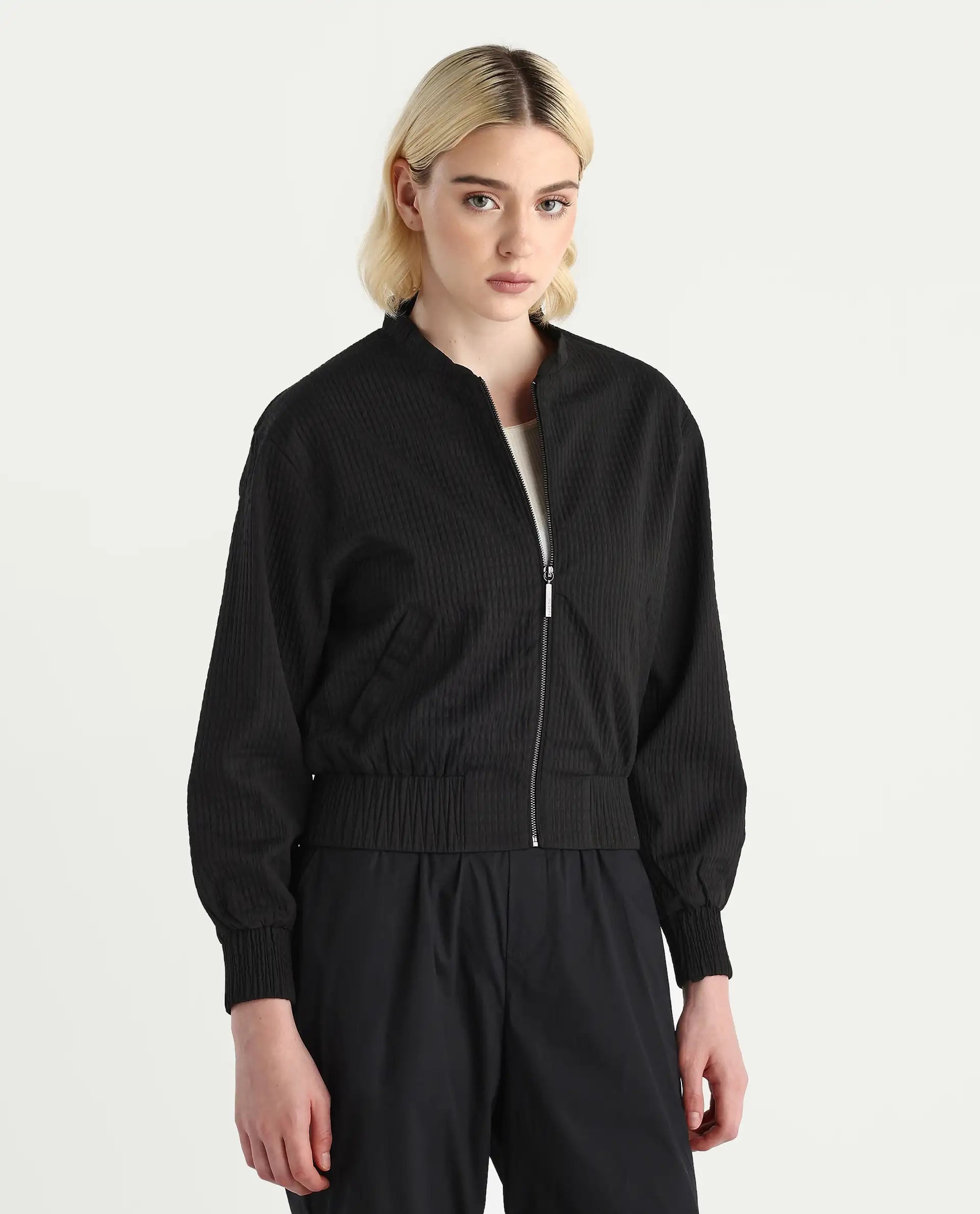 Rareism Women's Omri Black Polyester Mandrin Collar Regular Fit Plain Jacket