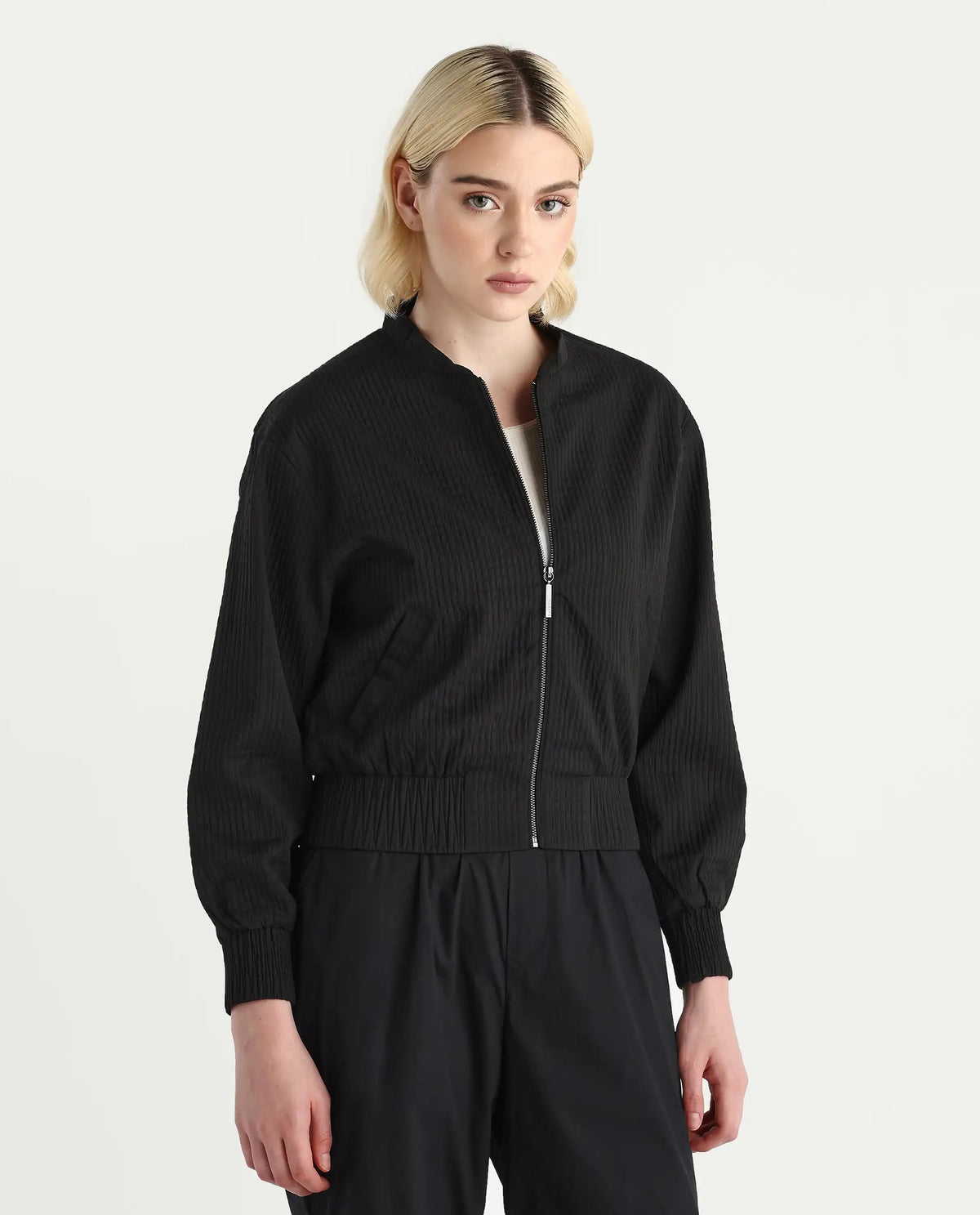 Rareism Women's Omri Black Polyester Mandrin Collar Regular Fit Plain Jacket