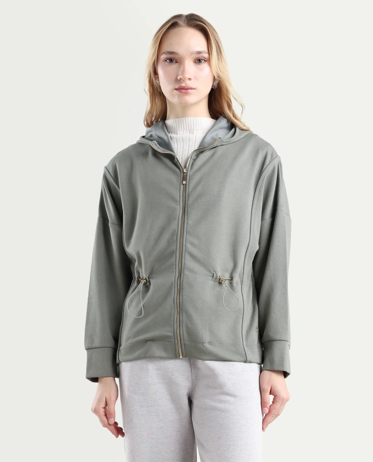 Rareism Women's Onerler Dusky Green Polyester Blend Hooded Plain Relaxed Fit Sweatshirt