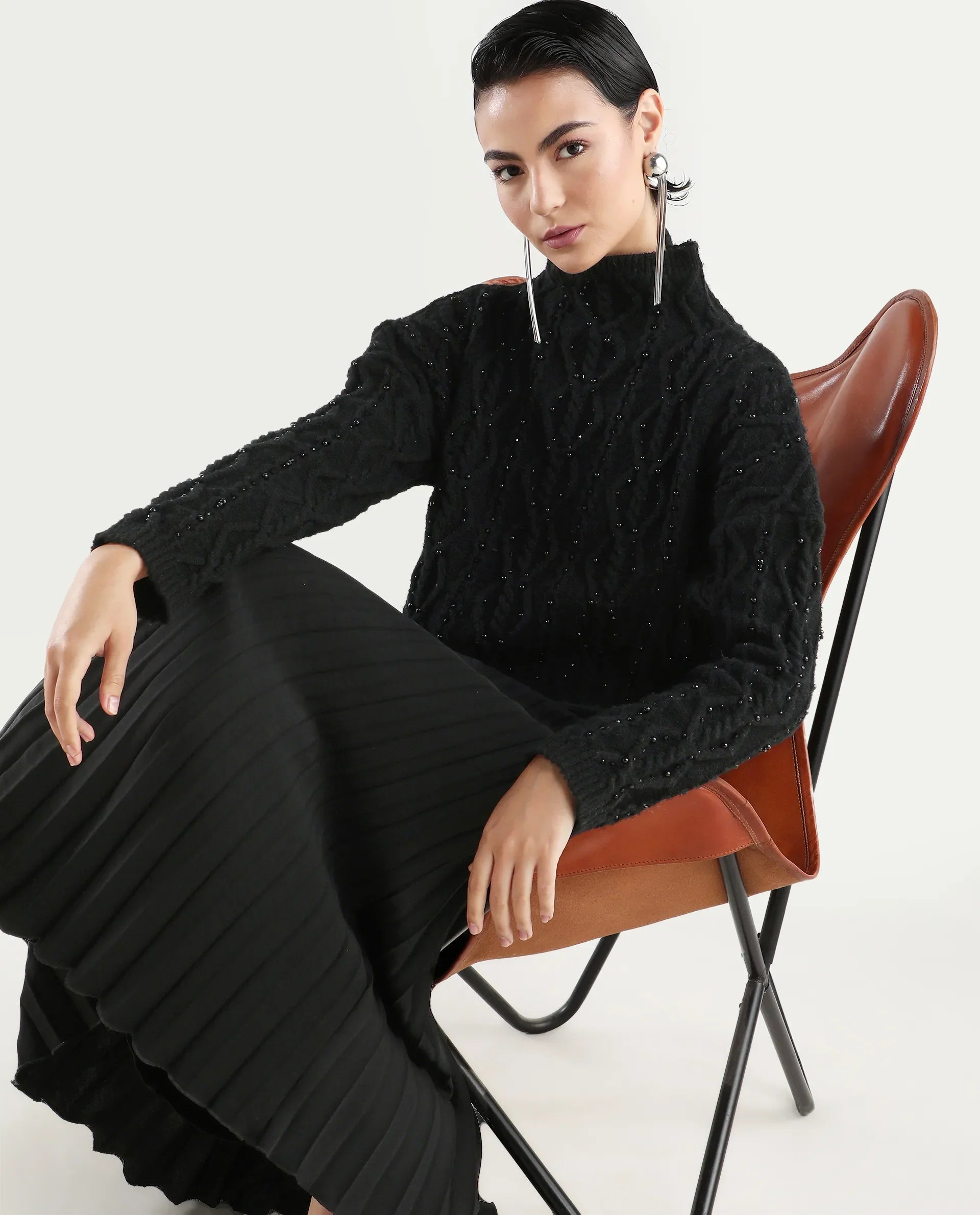 Rareism Women's Osmaniye Black Polyester High Neck Plain Relaxed Fit Sweater