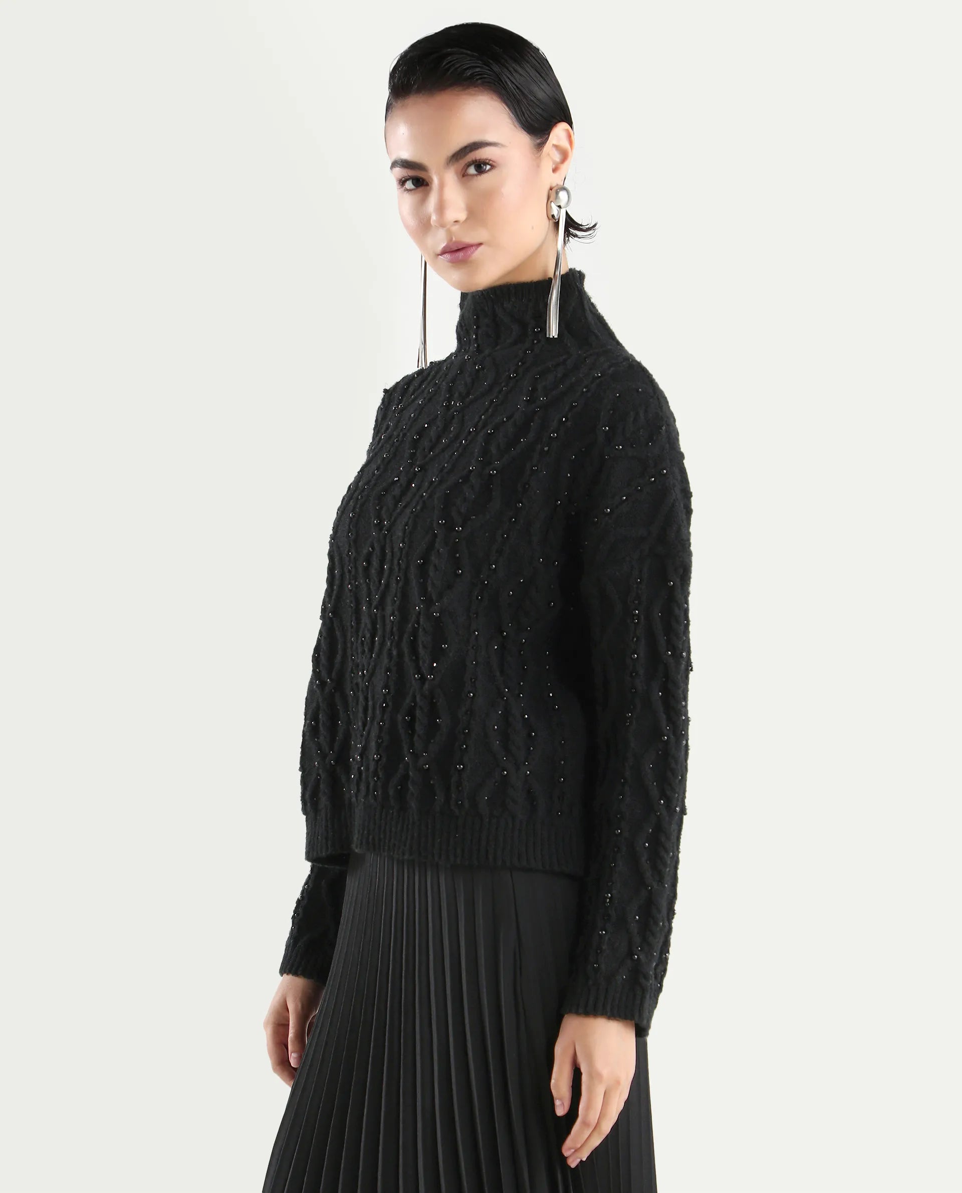 Rareism Women's Osmaniye Black Polyester High Neck Plain Relaxed Fit Sweater