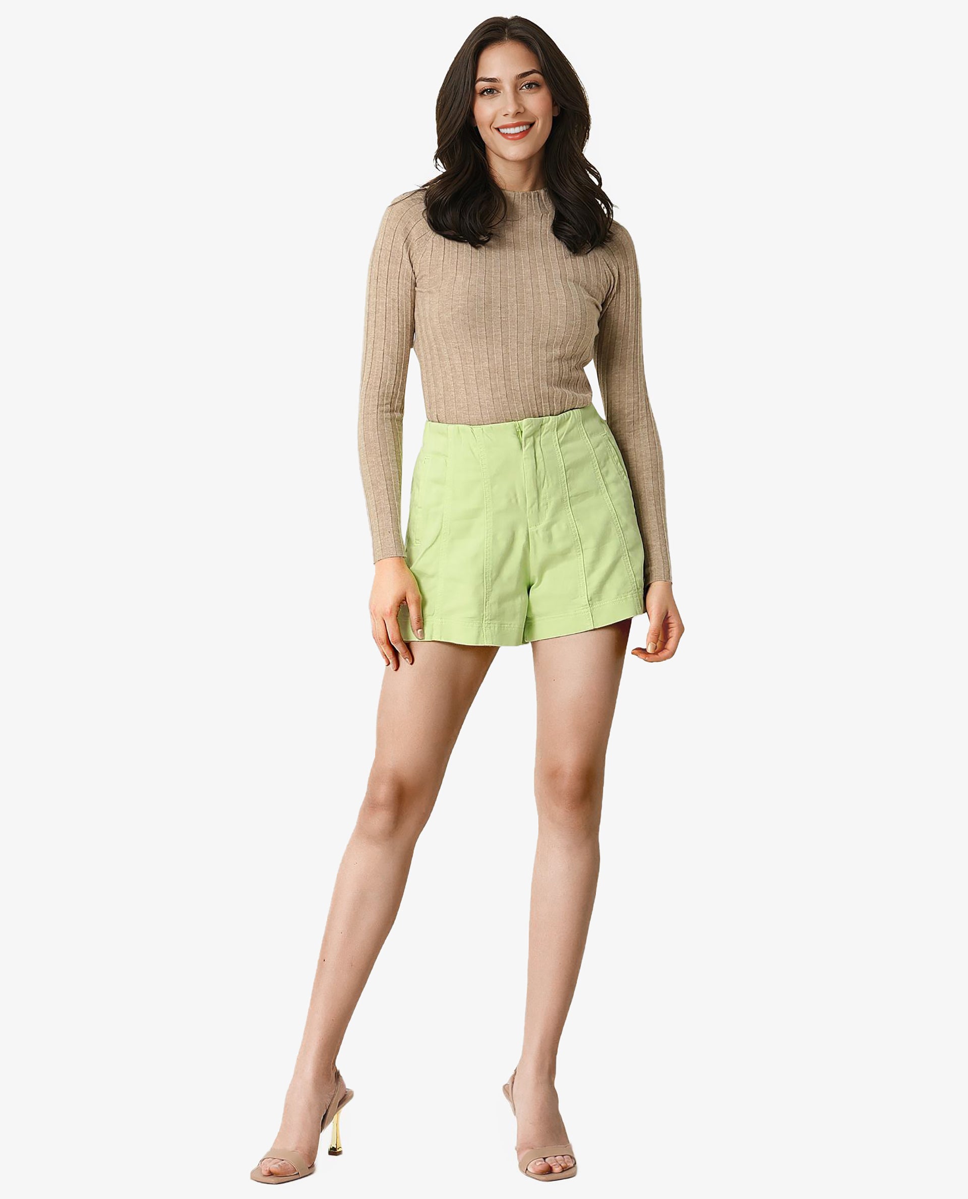 Rareism Women Painted Flouroscent Green Cotton Lycra Fabric Regular Fit Solid High Rise Shorts