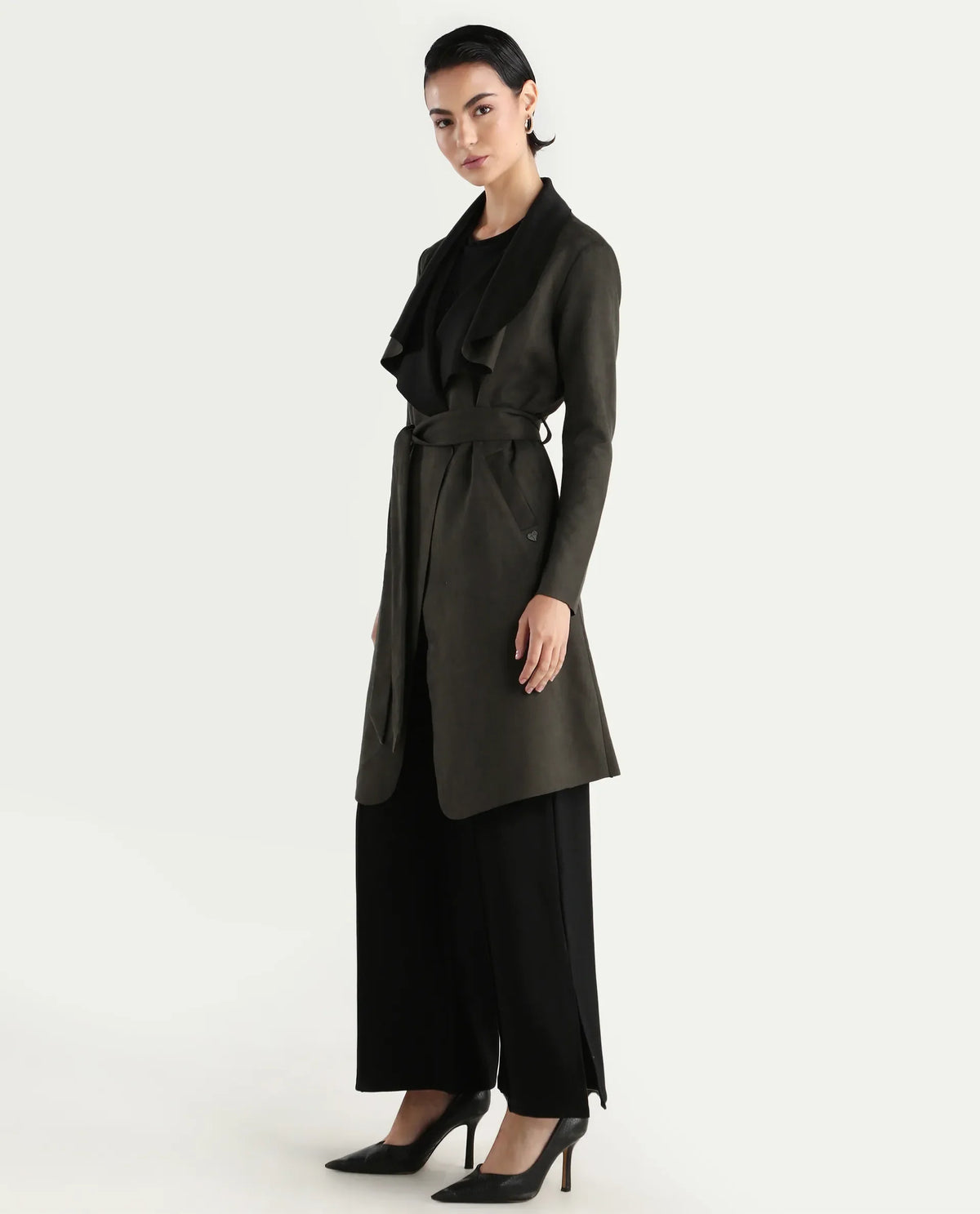 Rareism Women's Palmer 2 Olive Polyester Blend Waterfall Neck Plain Midi Boxy Fit Jacket
