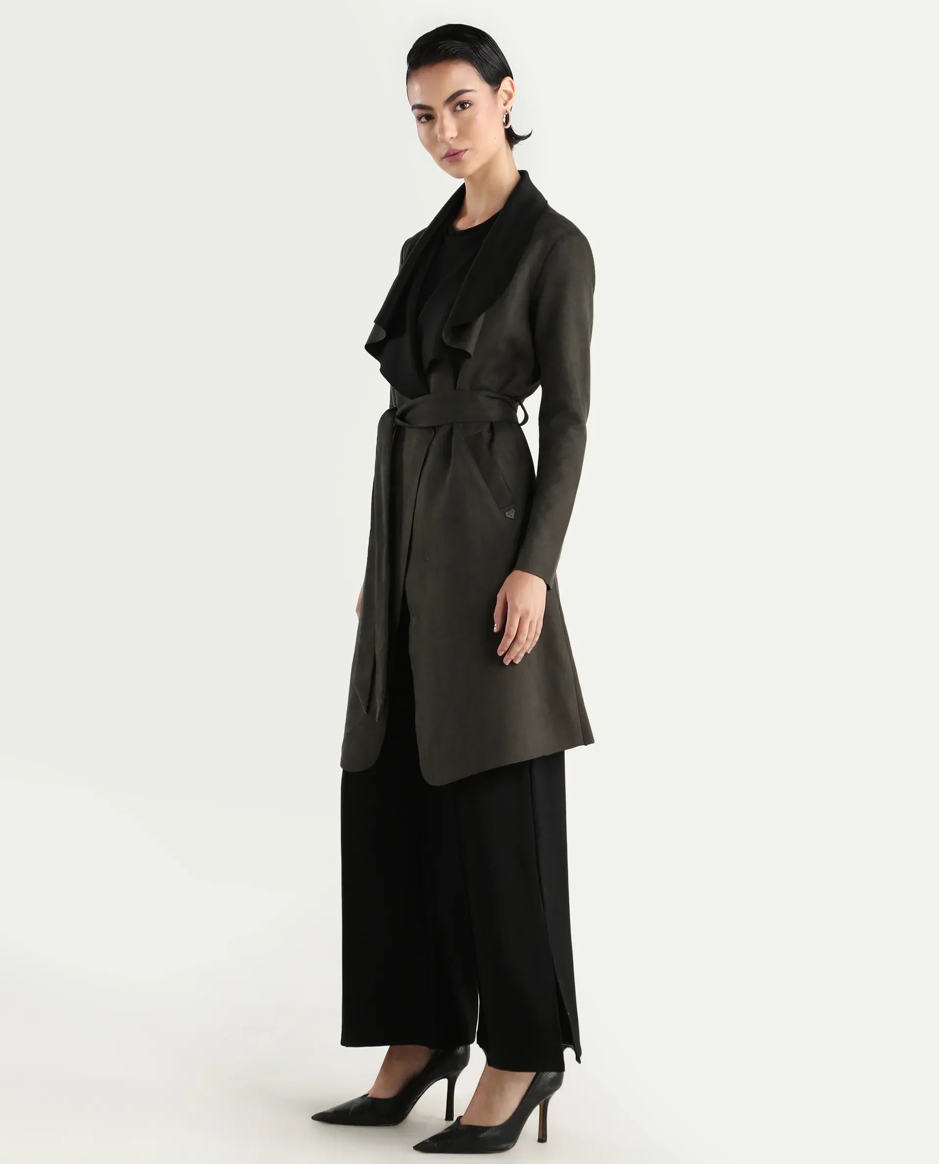 Rareism Women's Palmer 2 Olive Polyester Blend Waterfall Neck Plain Midi Boxy Fit Jacket