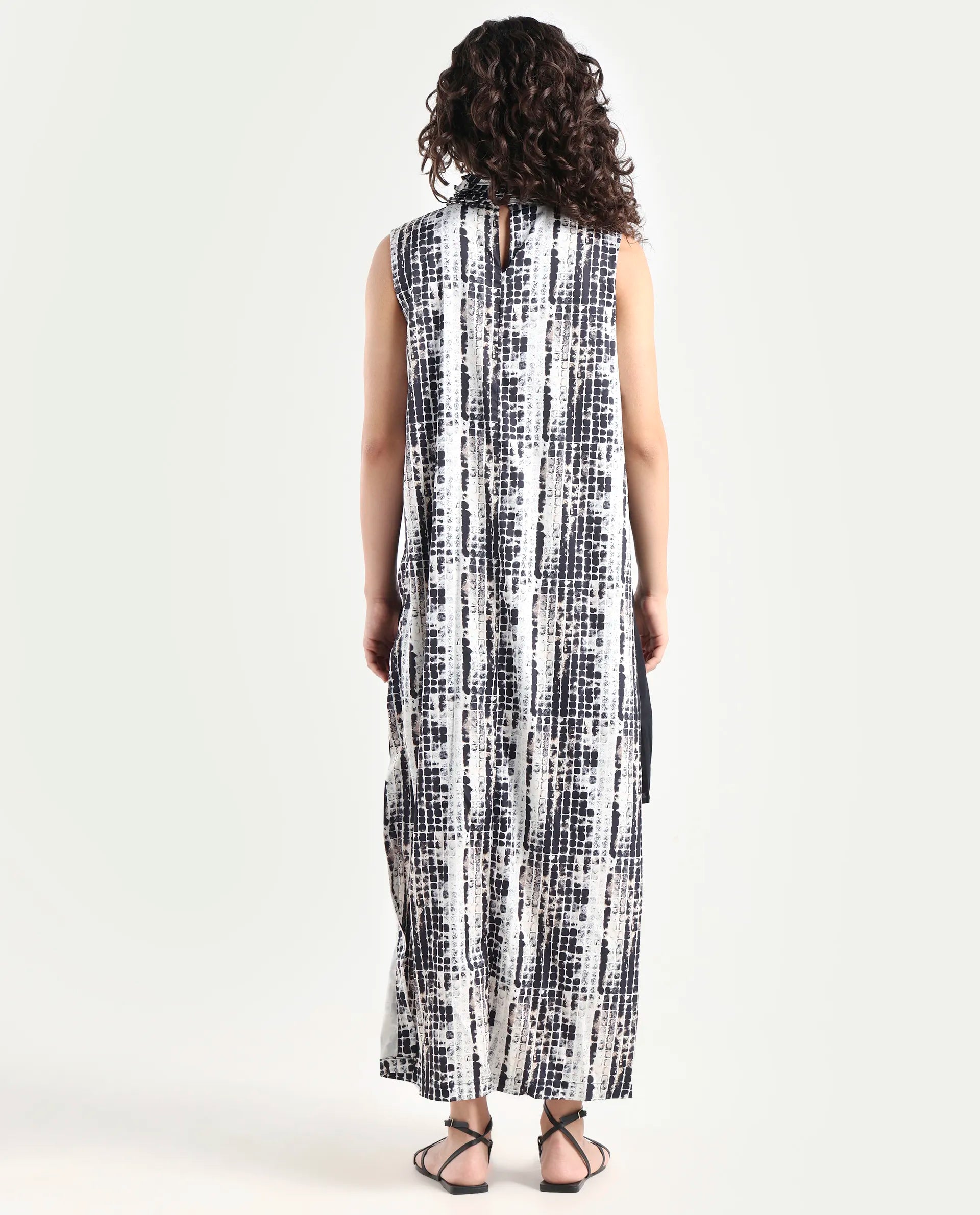 Rareism Women's Pash Black Modal Blend High Neck Abstract Print Sleeveless Maxi Regular Fit Dress
