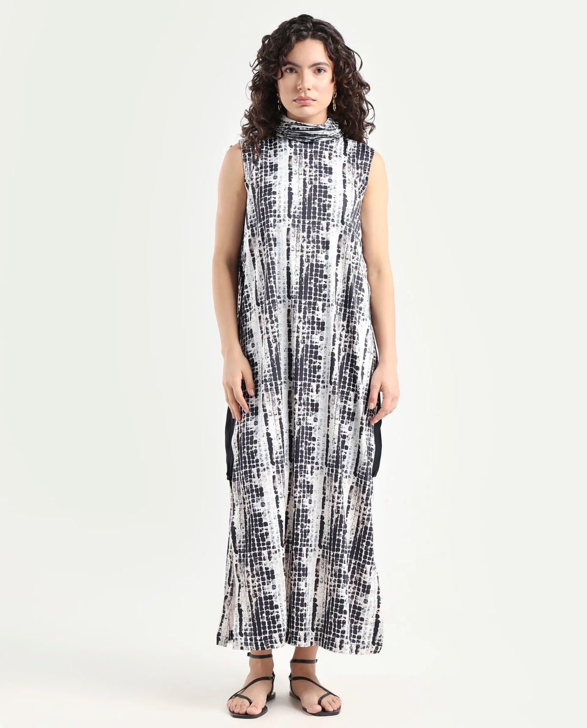 Rareism Women's Pash Black Modal Blend High Neck Abstract Print Sleeveless Maxi Regular Fit Dress