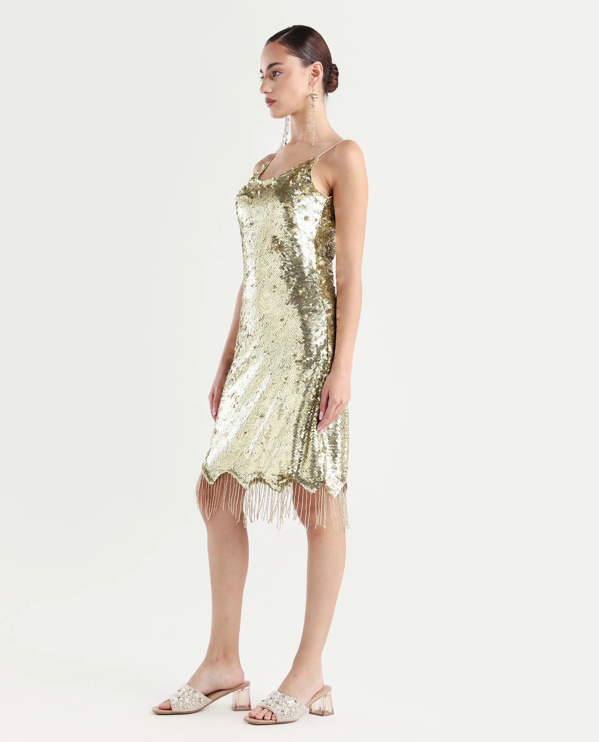 Rareism Women's Pau Sheen Gold Polyester Shoulder Strap Sequined Shoulder Strap Knee Length Regular Fit Dress