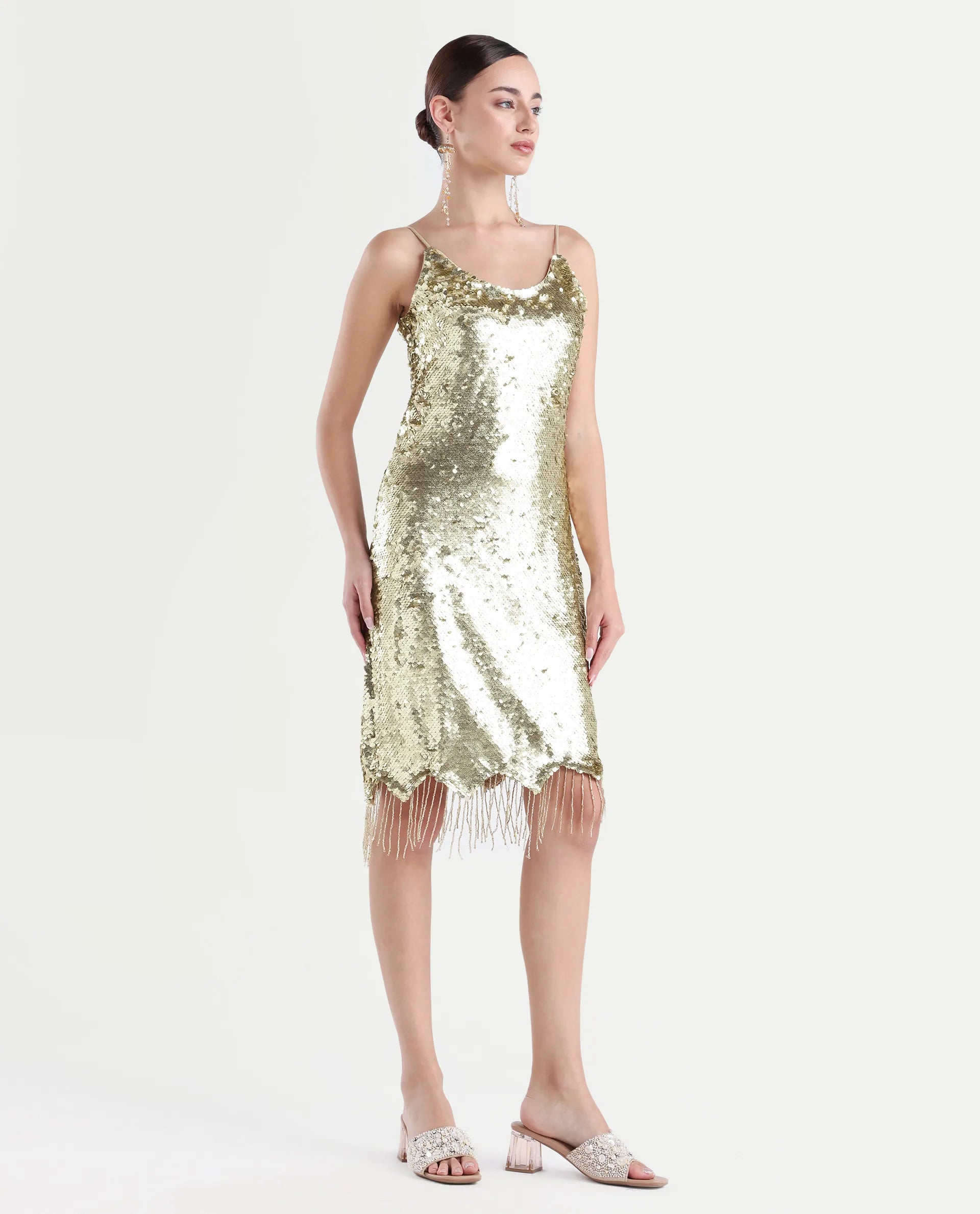 Rareism Women's Pau Sheen Gold Polyester Shoulder Strap Sequined Shoulder Strap Knee Length Regular Fit Dress