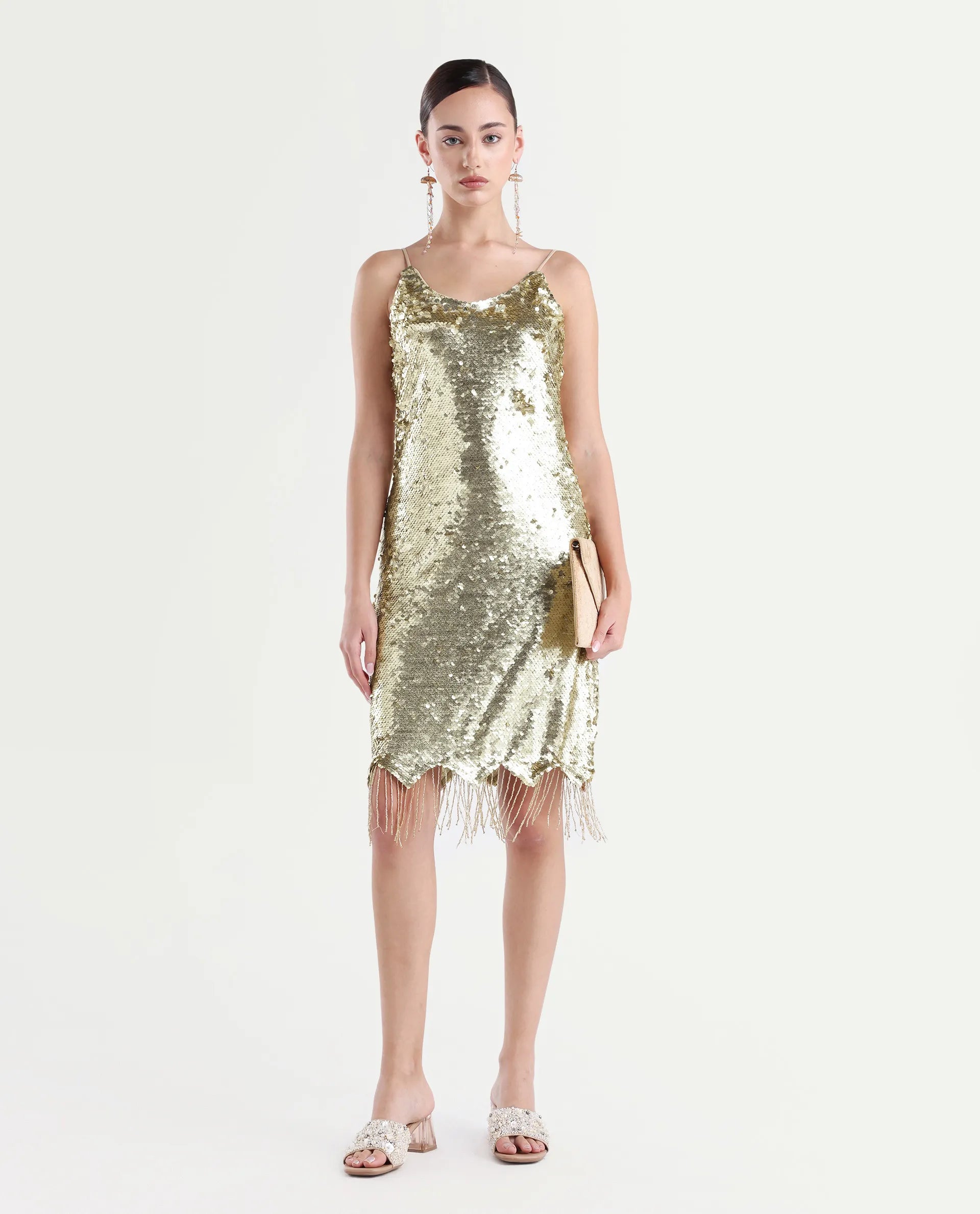 Rareism Women's Pau Sheen Gold Polyester Shoulder Strap Sequined Shoulder Strap Knee Length Regular Fit Dress
