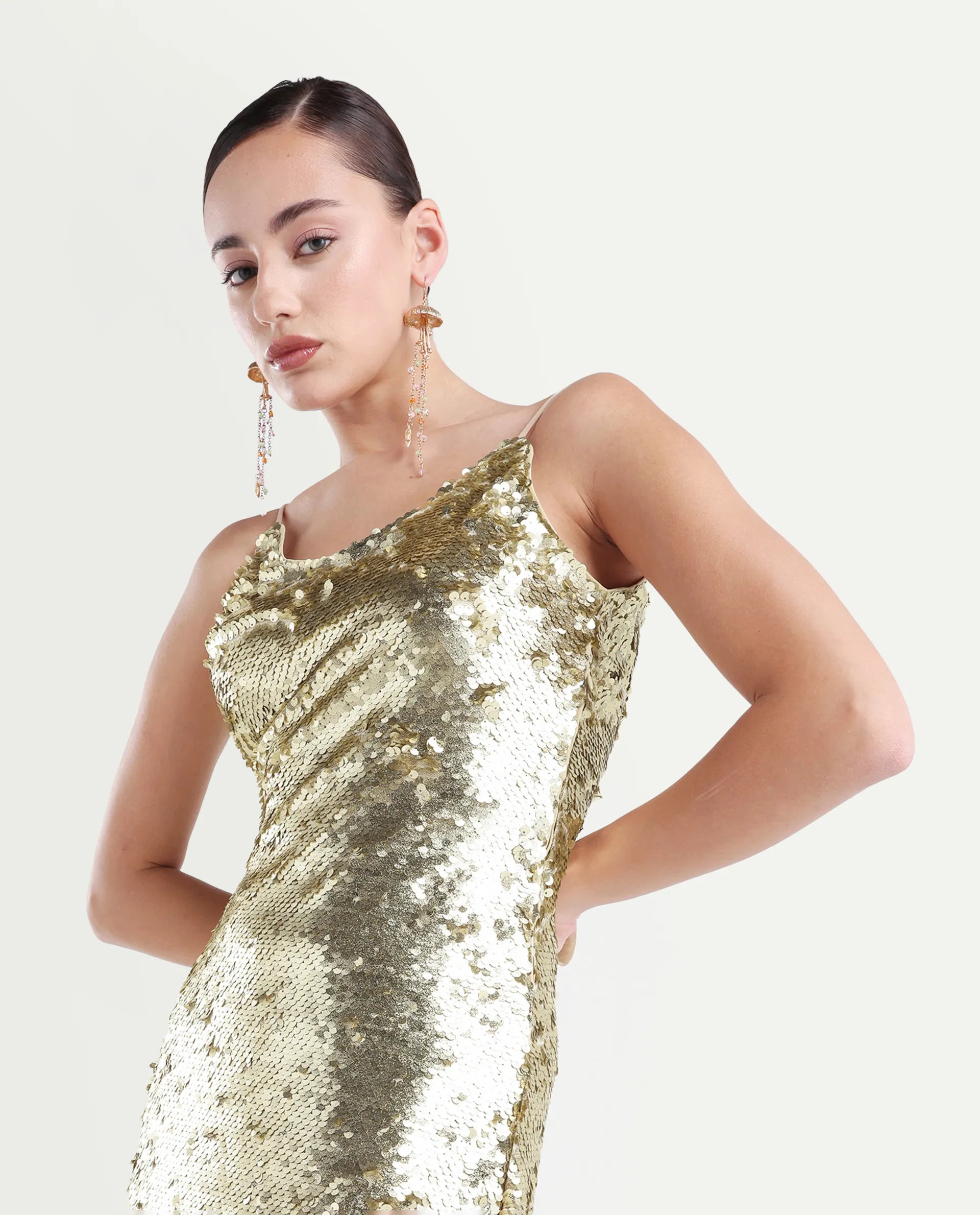 Rareism Women's Pau Sheen Gold Polyester Shoulder Strap Sequined Shoulder Strap Knee Length Regular Fit Dress