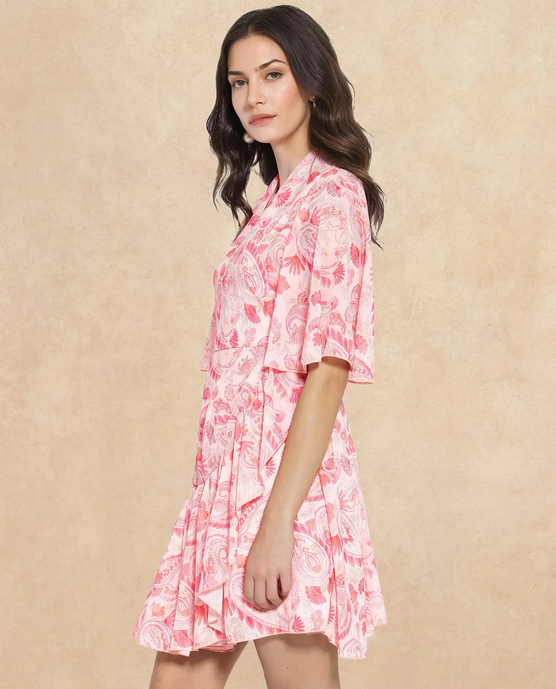 Rareism Women's Pazia Light Multi Polyester V-Neck Paisley Print Bell Sleeve Mini Fit And Flare Dress