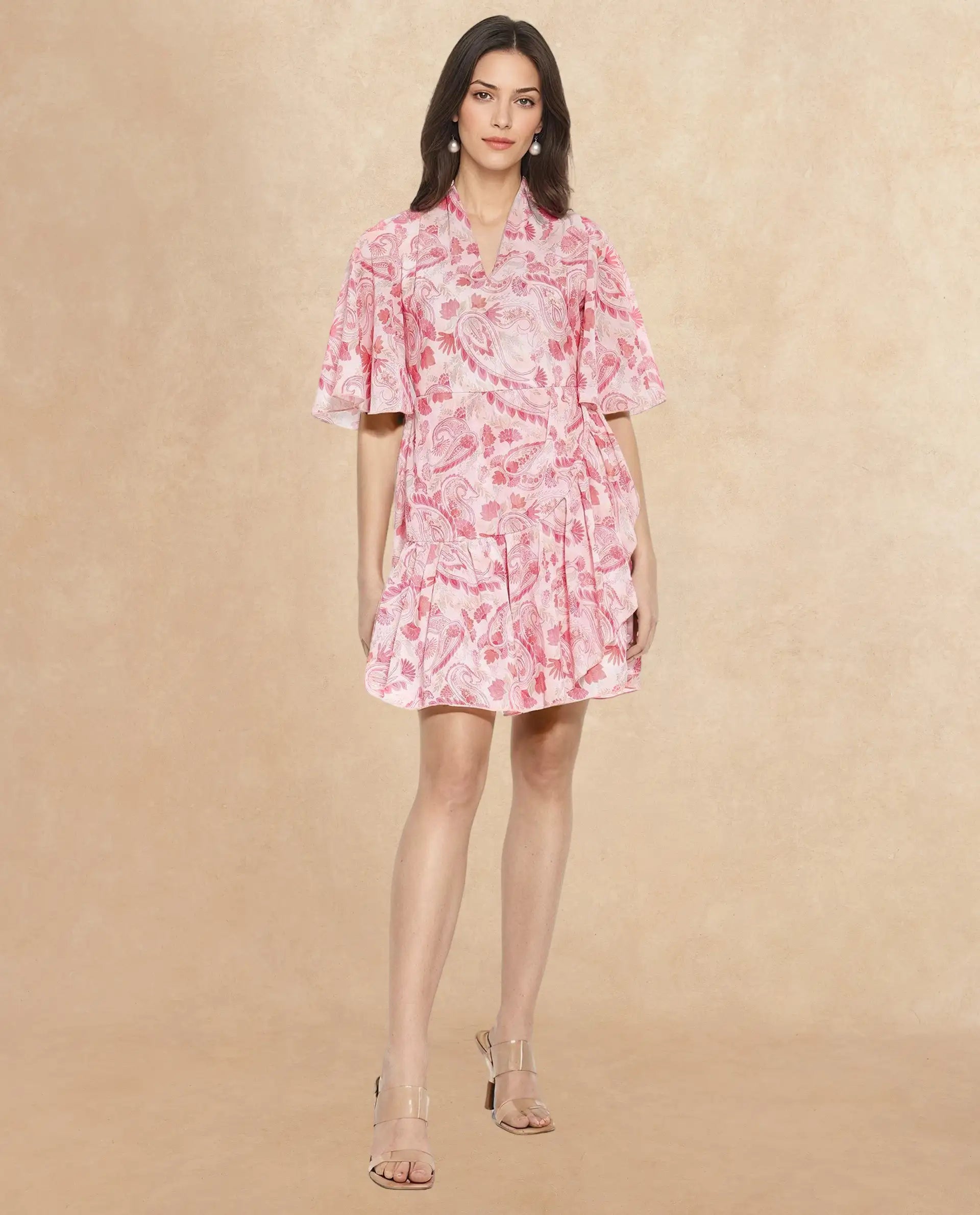 Rareism Women's Pazia Light Multi Polyester V-Neck Paisley Print Bell Sleeve Mini Fit And Flare Dress