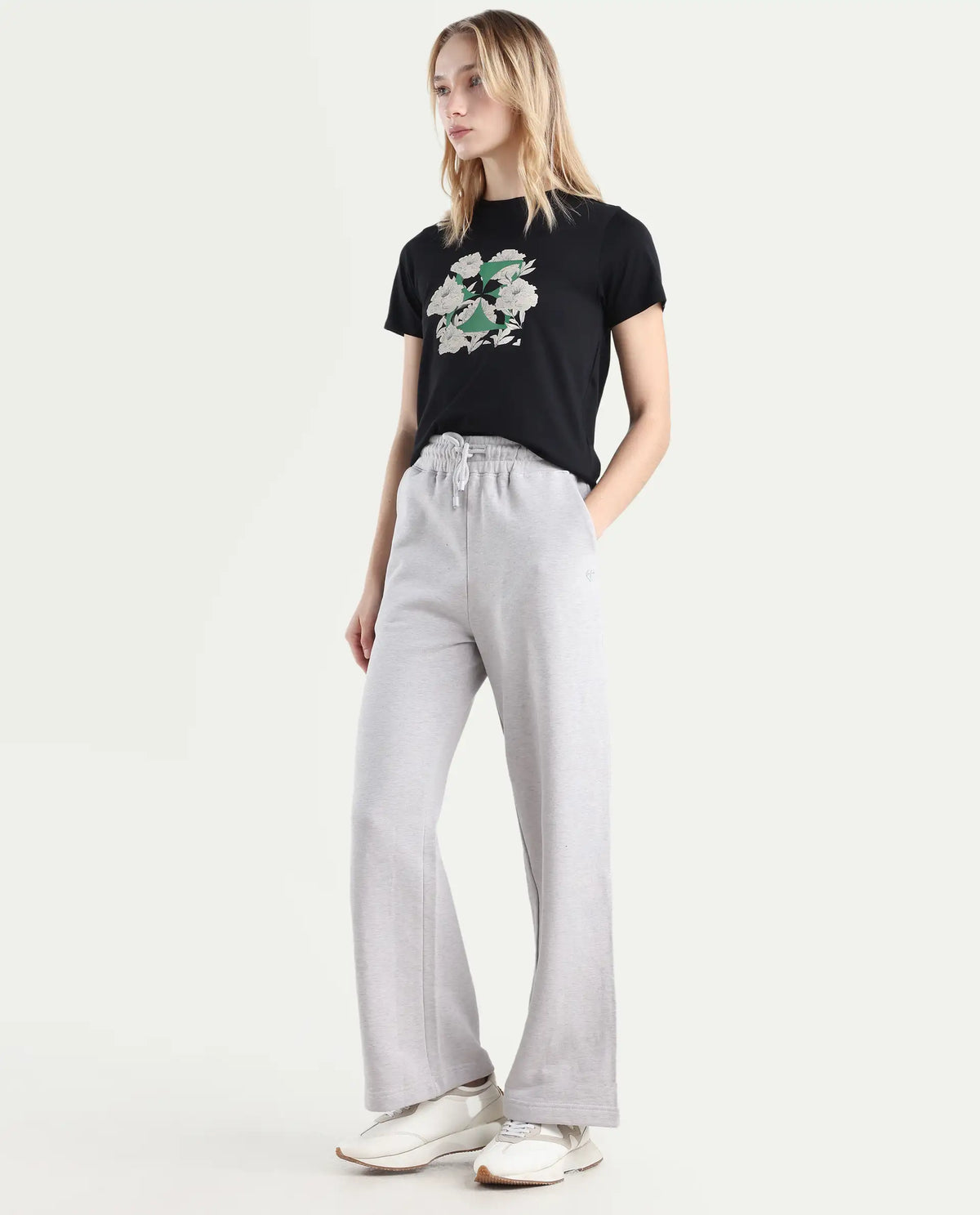 Rareism Women's Pazoo F Melange Grey Cotton Blend Plain Ankle Length Flared Track Pant