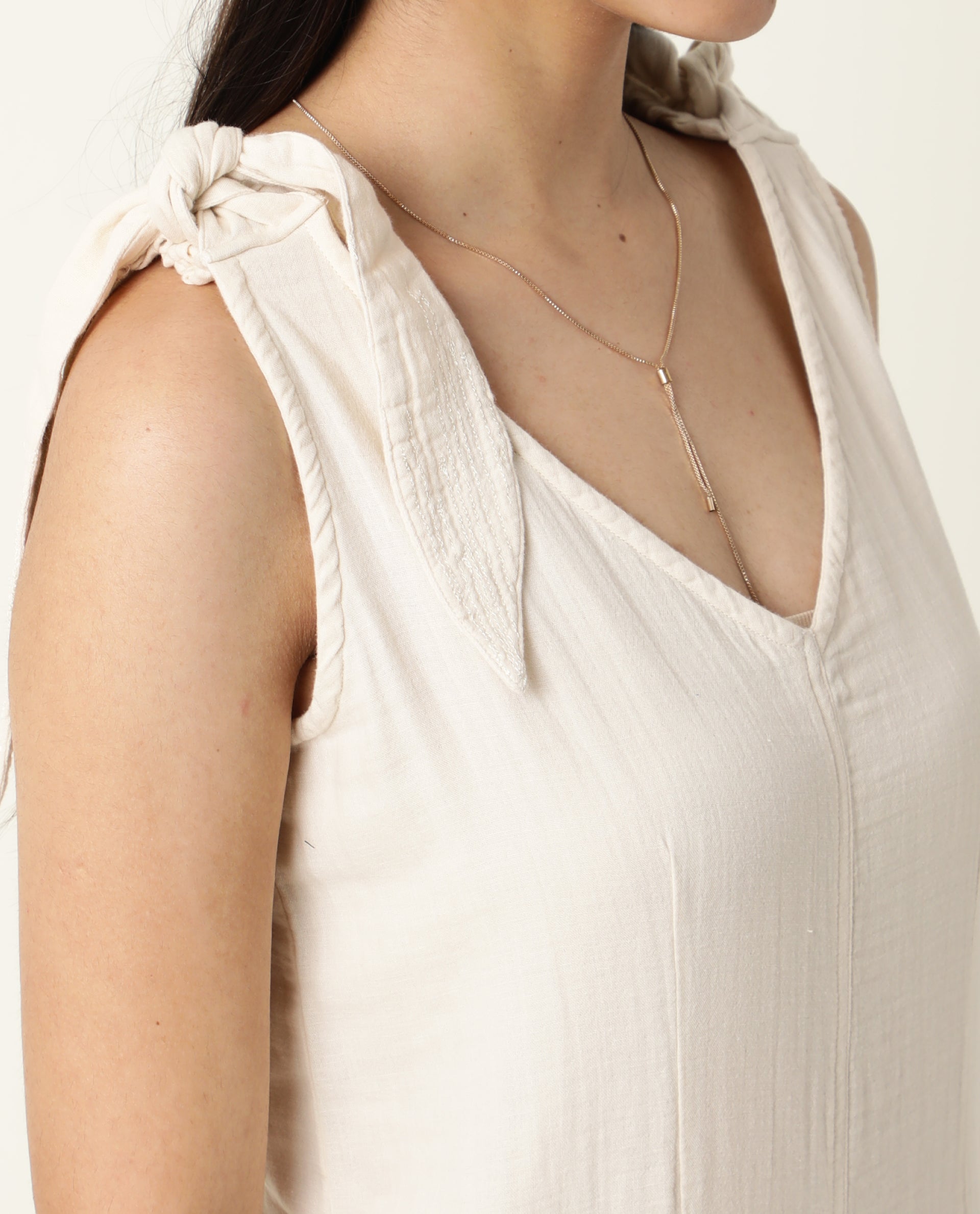 Rareism Women's Peanut Beige Cotton V-Neck Plain Sleeveless Knee Length Tailored Jumpsuit