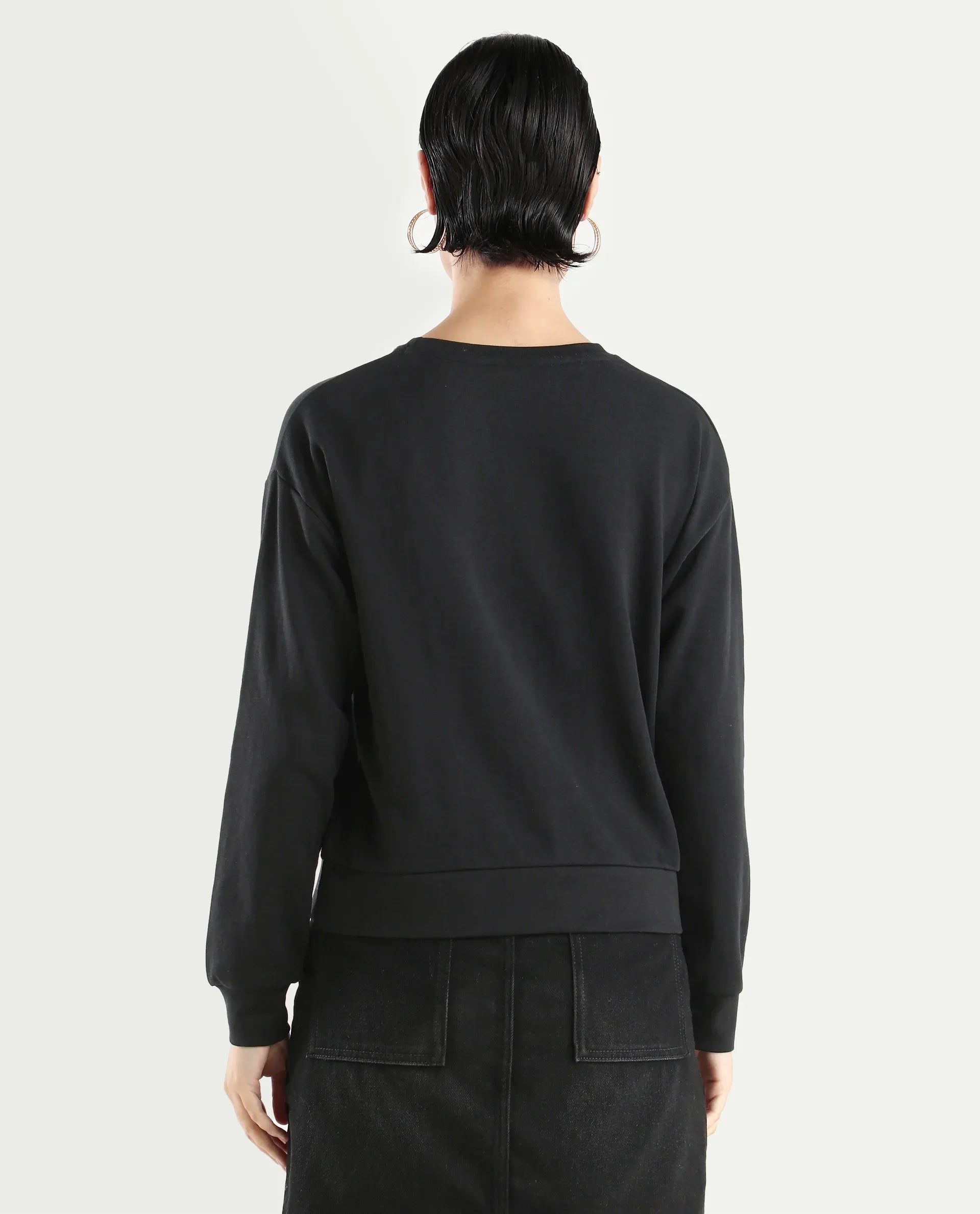 Rareism Women's Perio Black Cotton Blend Crew Neck Graphic Print Regular Fit Sweatshirt