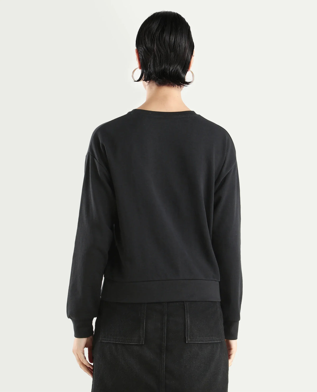 Rareism Women's Perio Black Cotton Blend Crew Neck Graphic Print Regular Fit Sweatshirt