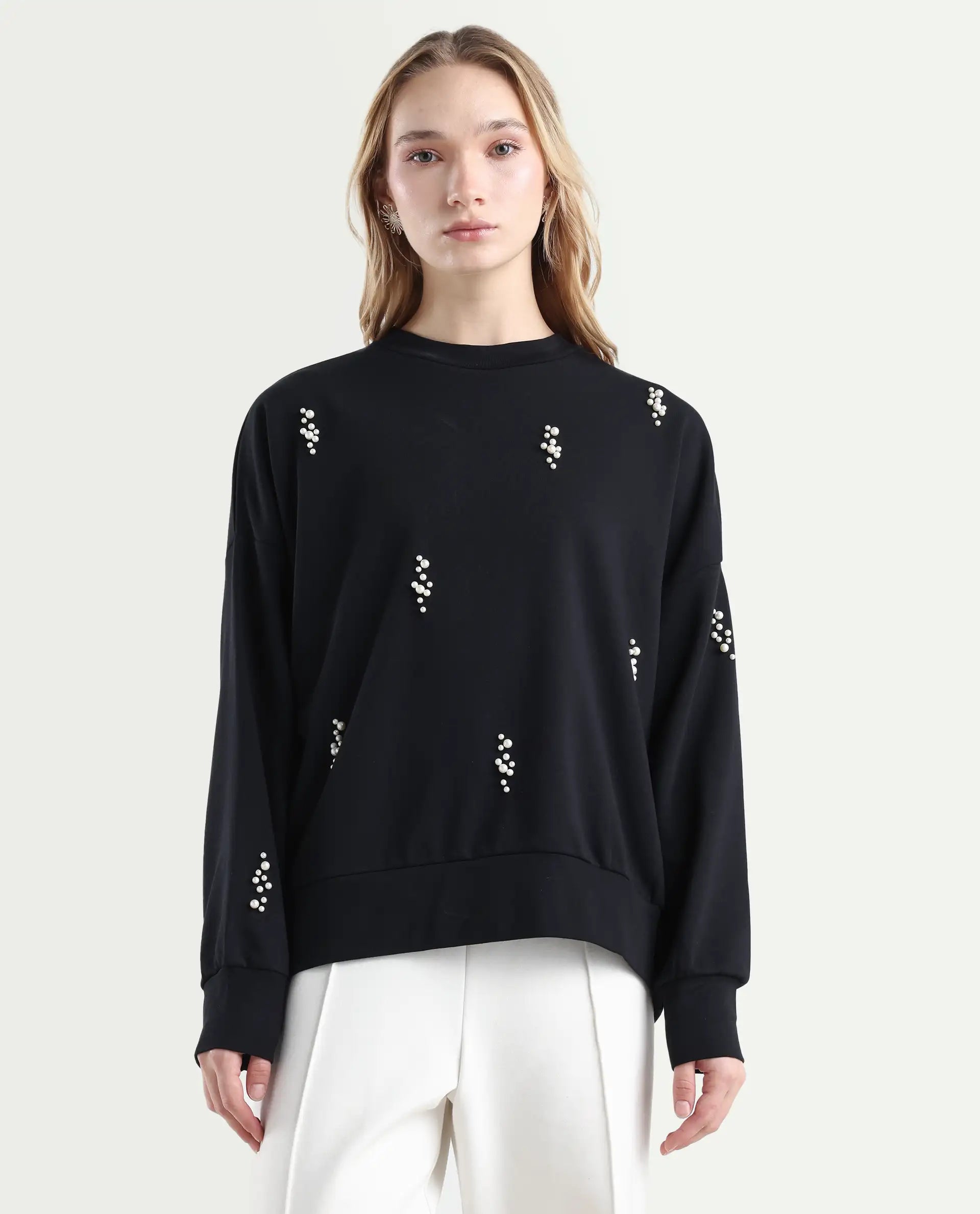 Rareism Women's Perl Black Cotton Blend Crew Neck Relaxed Fit Printed Sweatshirt