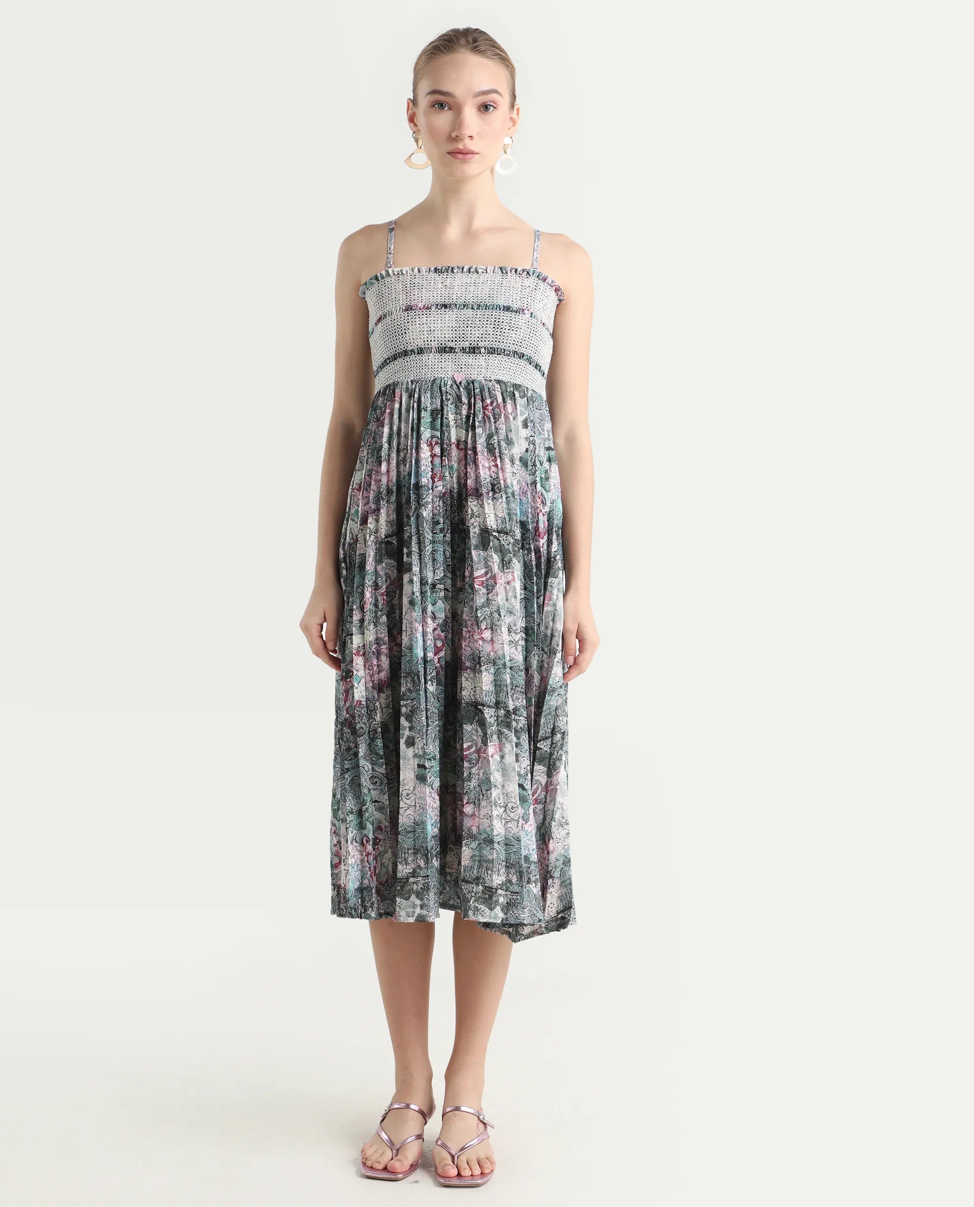 Rareism Women's Phanks Multi Polyester Tube Neck Abstract Print Sleeveless Midi Fit And Flare Dress