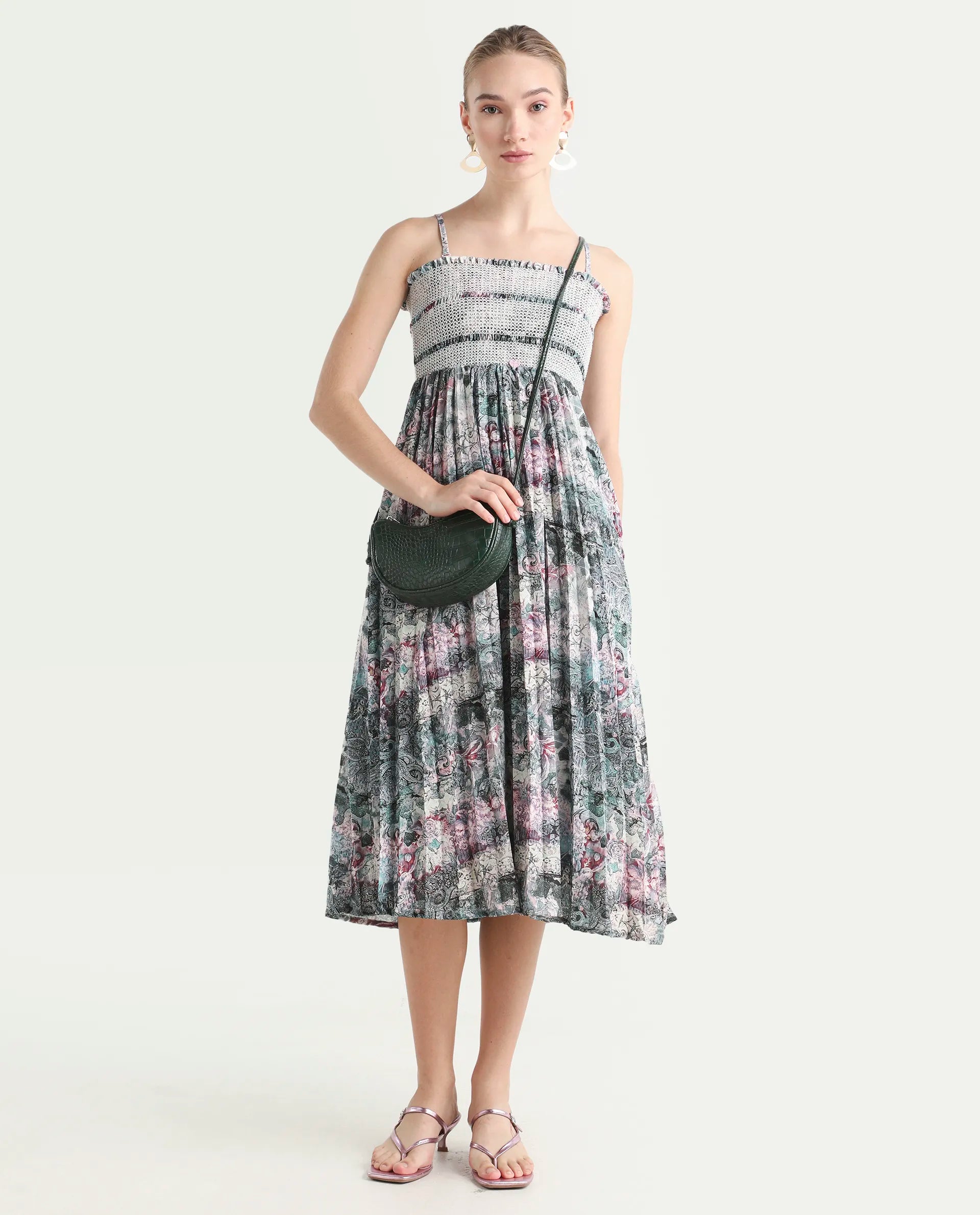 Rareism Women's Phanks Multi Polyester Tube Neck Abstract Print Sleeveless Midi Fit And Flare Dress