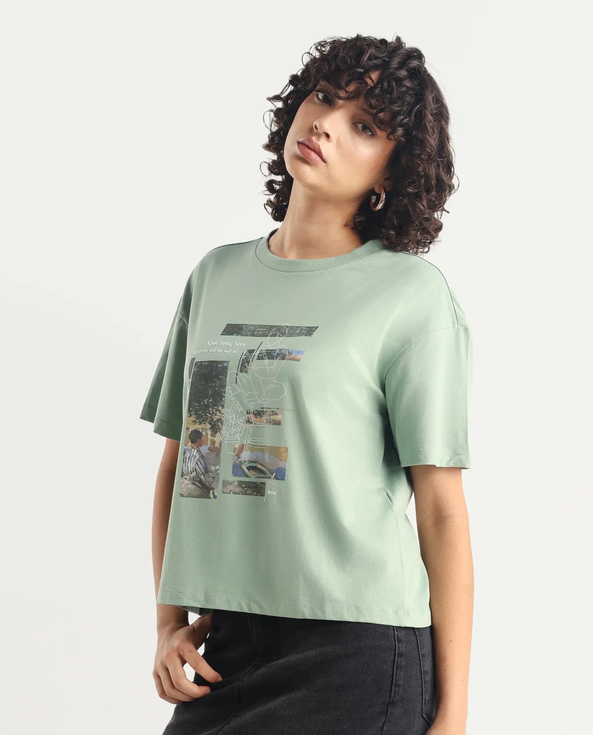 Rareism Women's Pique Light Green Cotton Blend Crew Neck Graphic Print Relaxed Fit T-Shirt