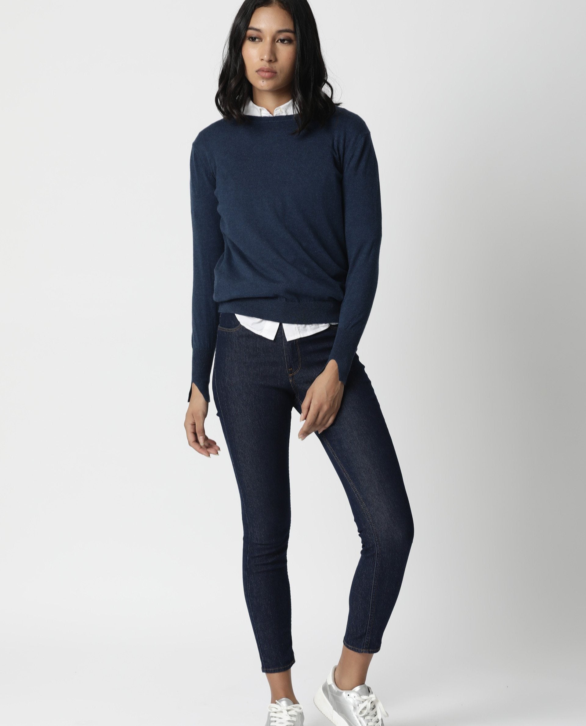 Rareism Women Plum Blue Cotton Fabric Full Sleeves Regular Fit Ribbed Ribbed Collar Sweater