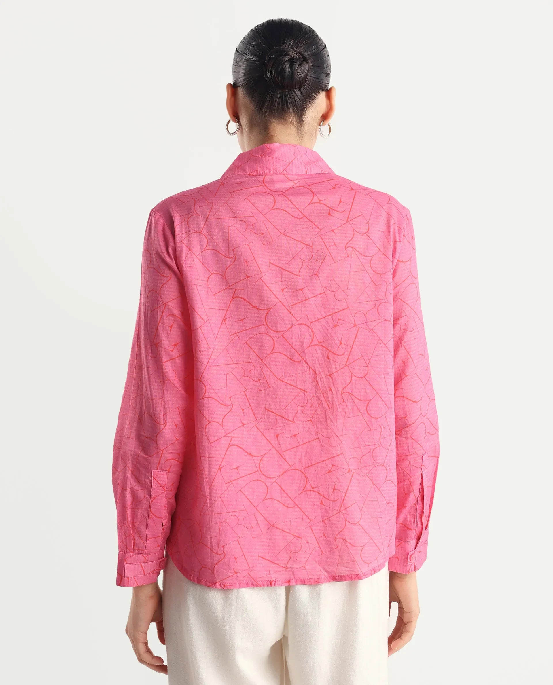 Rareism Women's Poiny Pink Cotton Spread Collar Monogram Print Cuffed Sleeve Regular Fit Top