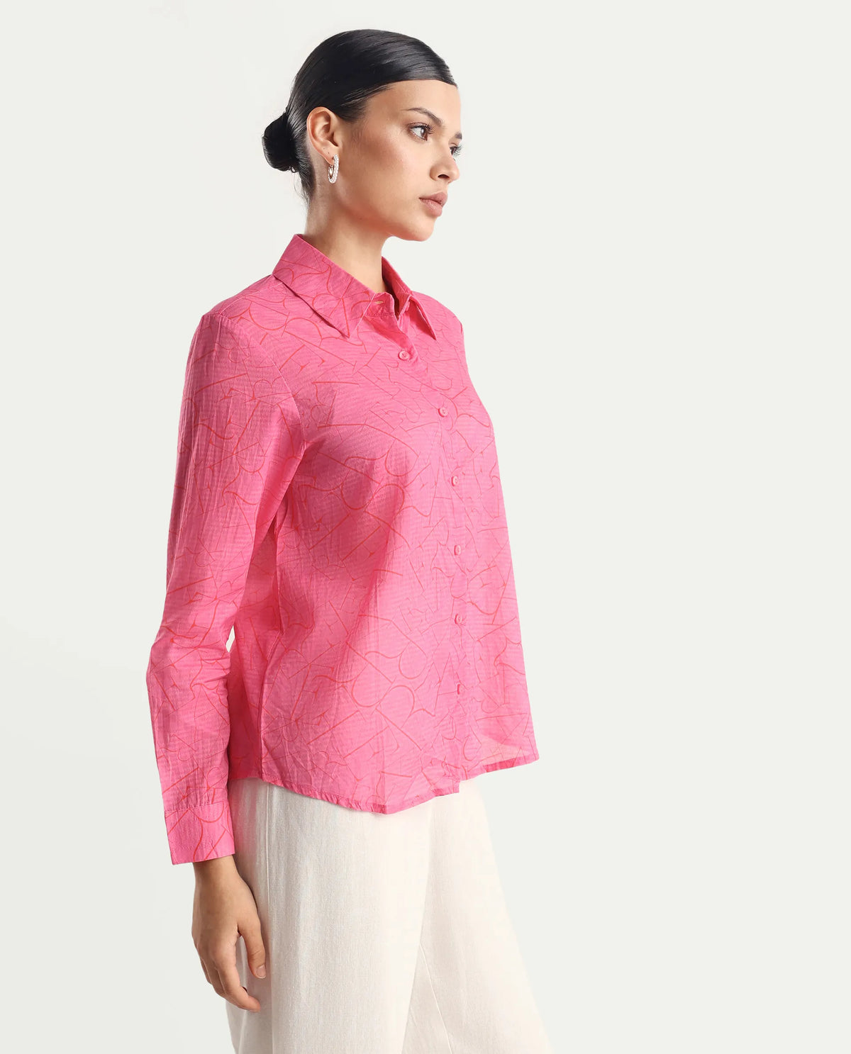 Rareism Women's Poiny Pink Cotton Spread Collar Monogram Print Cuffed Sleeve Regular Fit Top