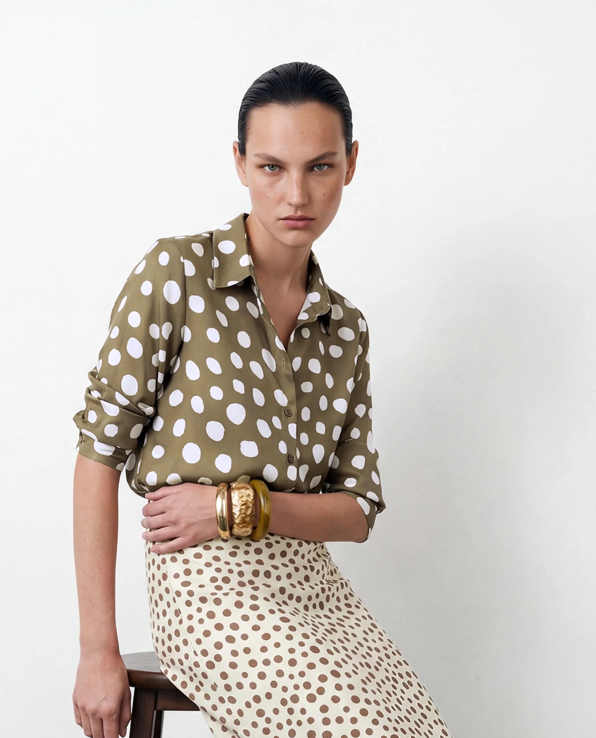 Rareism Women's Pola Beige Polyester Fabric Spread Collar Relaxed Polka Print Shirt