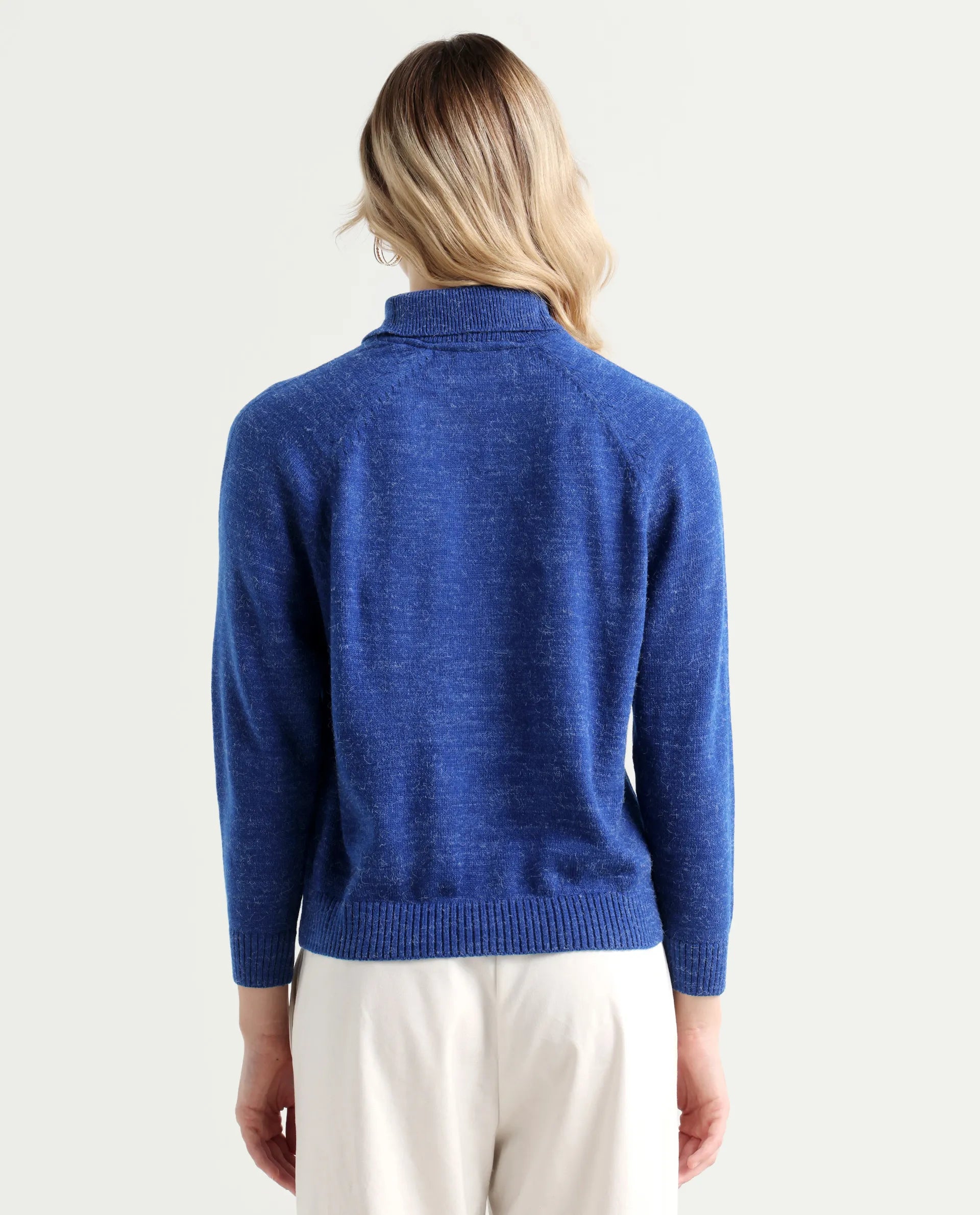 Rareism Women's Polish Blue Acrylic Spread Collar Plain Knee Length Regular Fit Sweater