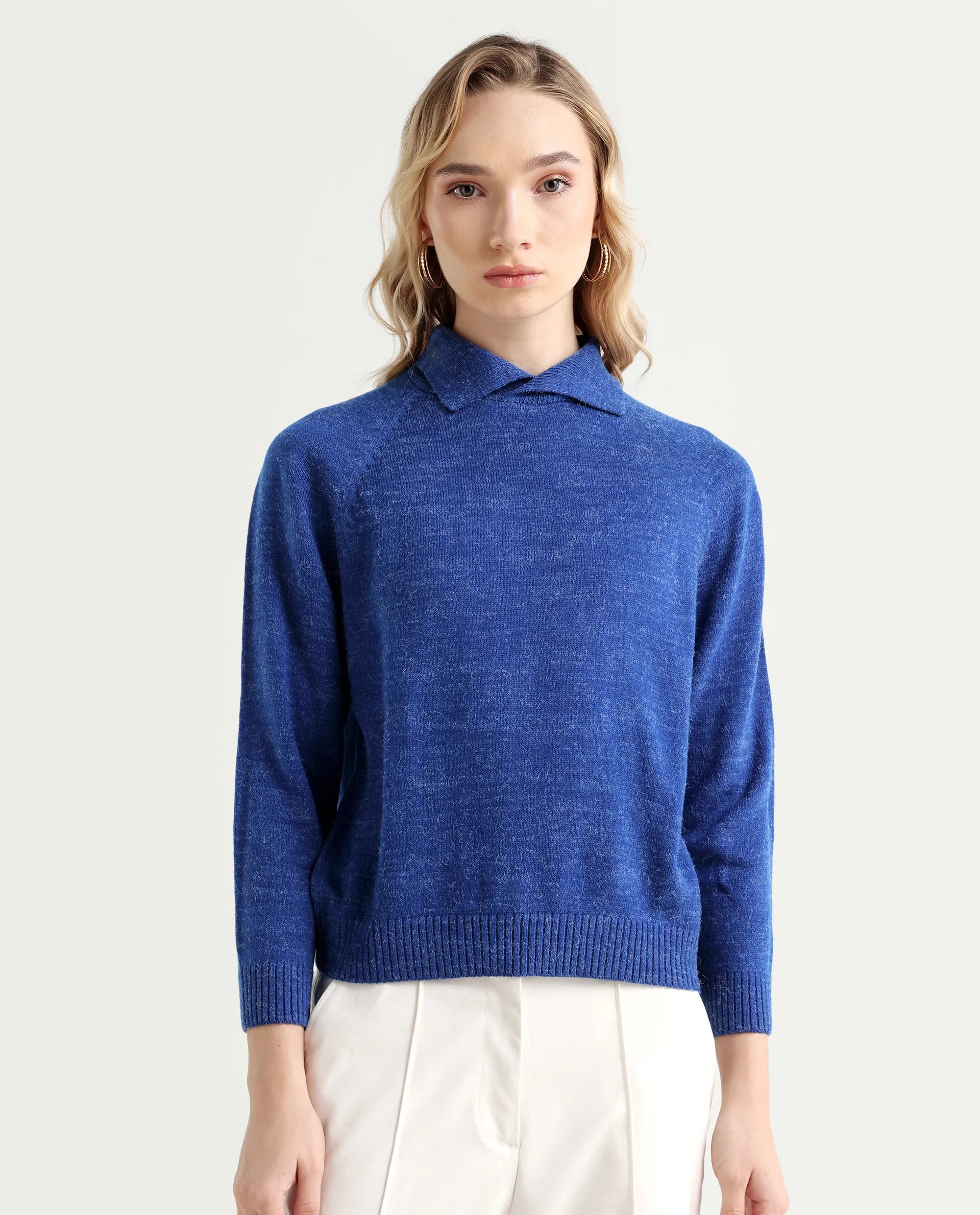 Rareism Women's Polish Blue Acrylic Spread Collar Plain Knee Length Regular Fit Sweater