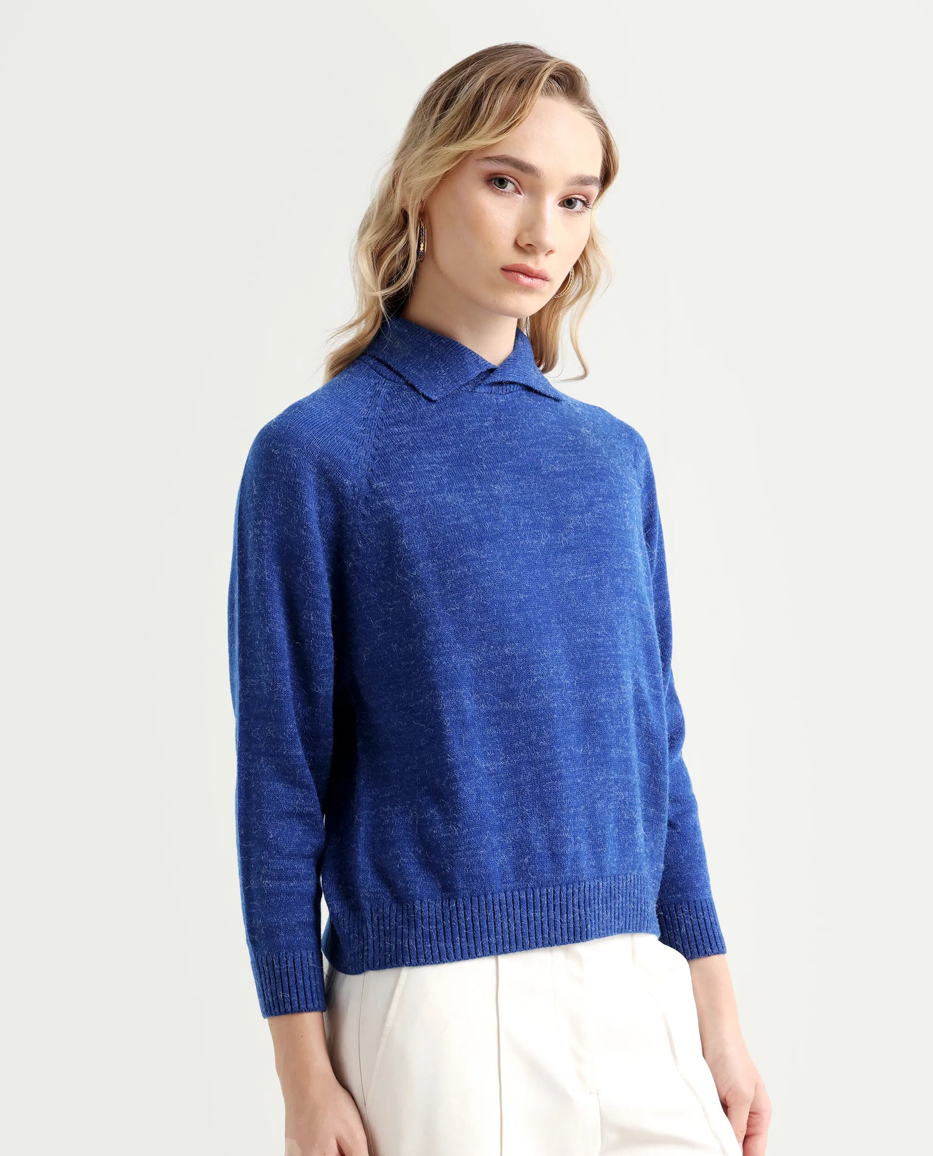 Rareism Women's Polish Blue Acrylic Spread Collar Plain Knee Length Regular Fit Sweater