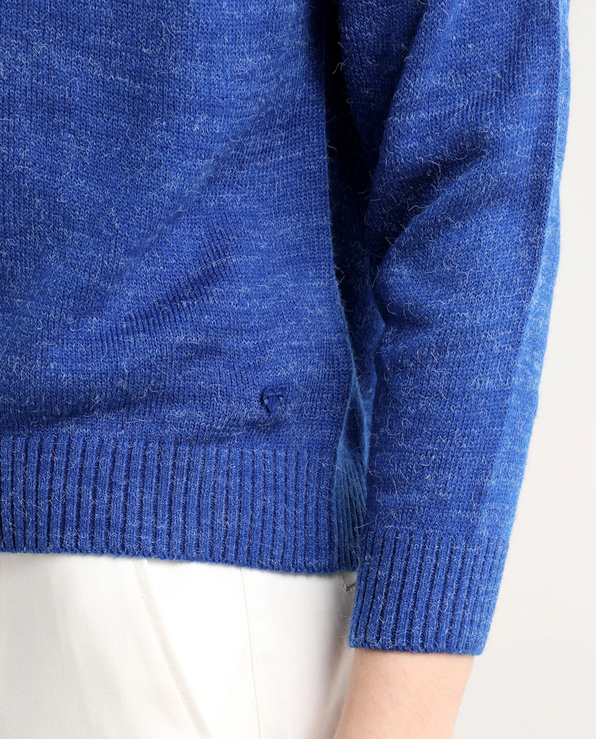 Rareism Women's Polish Blue Acrylic Spread Collar Plain Knee Length Regular Fit Sweater