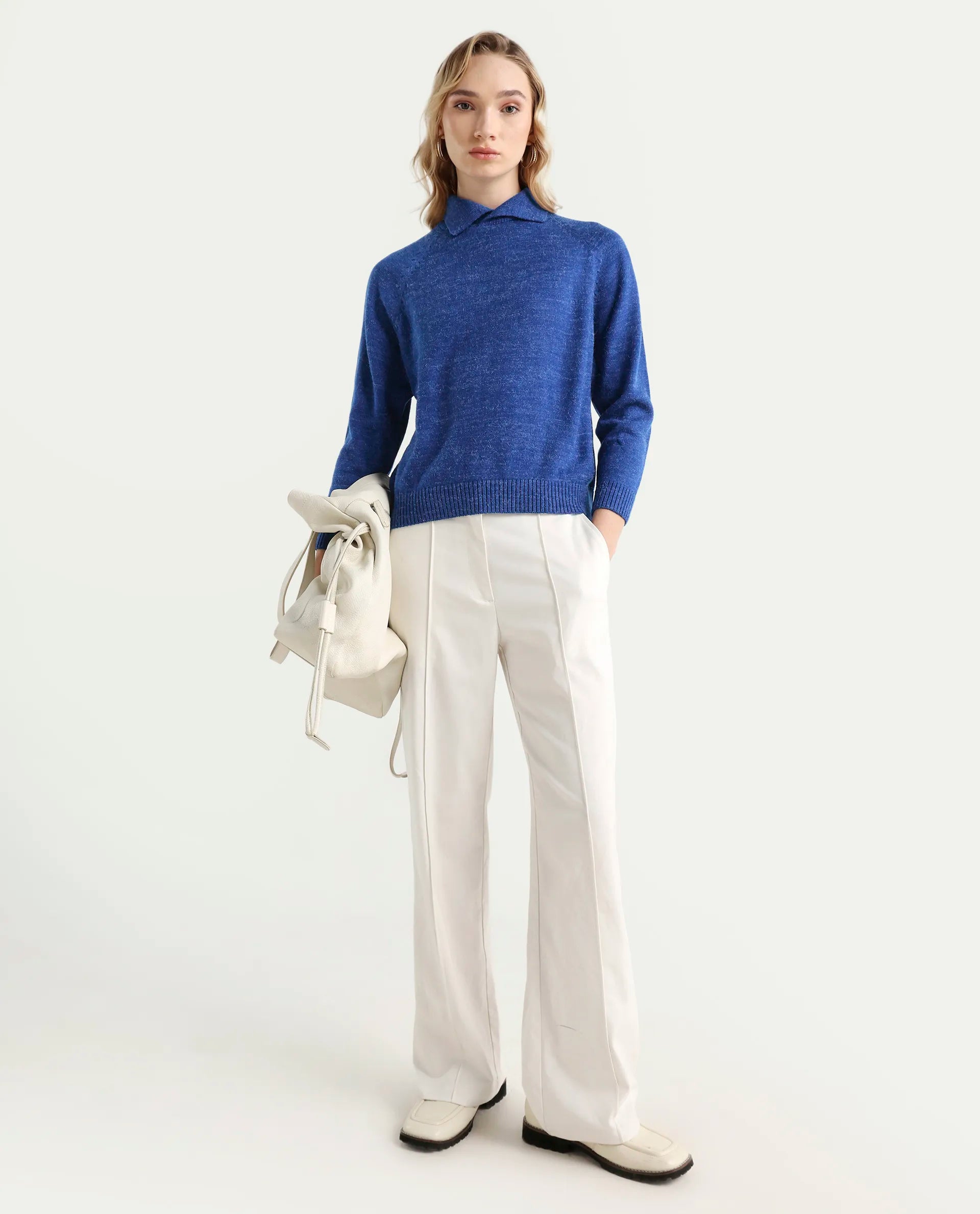 Rareism Women's Polish Blue Acrylic Spread Collar Plain Knee Length Regular Fit Sweater